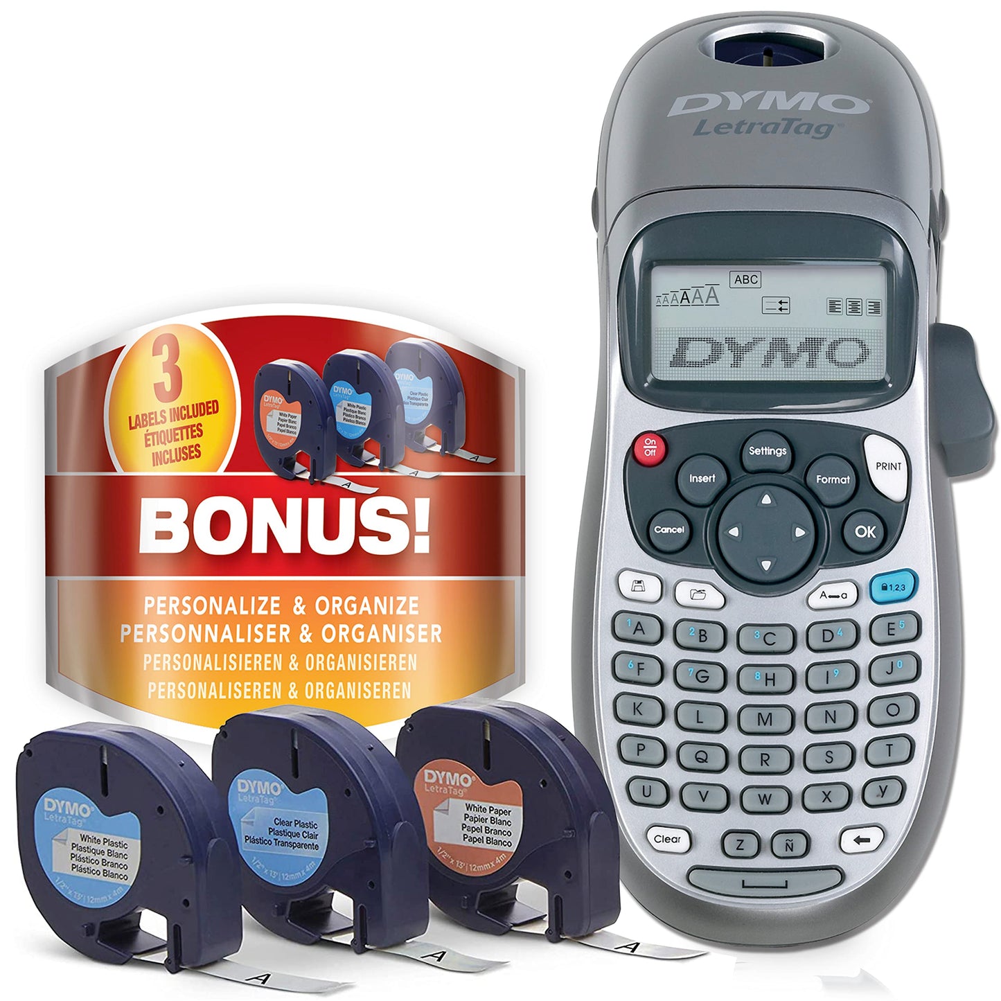 DYMO Label Maker with 3 Bonus Labeling Tapes | LetraTag 100H Handheld Label Maker & LT Label Tapes, Easy-to-Use, Great for Home & Office Organization