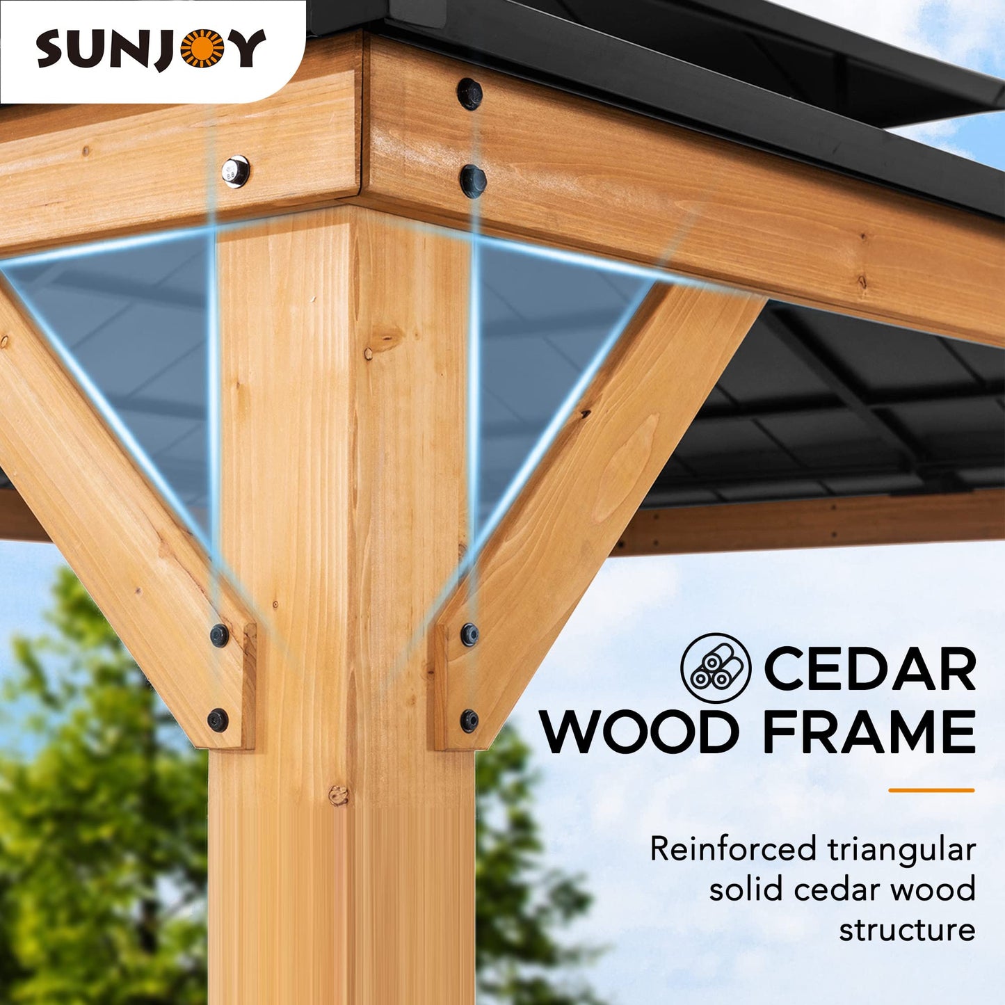 Sunjoy 11 x 13 ft. Wood Gazebo Cedar Framed Gaezbos with Black Double Steel Hardtop Roof for Garden, Backyard Shade, Matte Black Roof + Natural Wood Frame