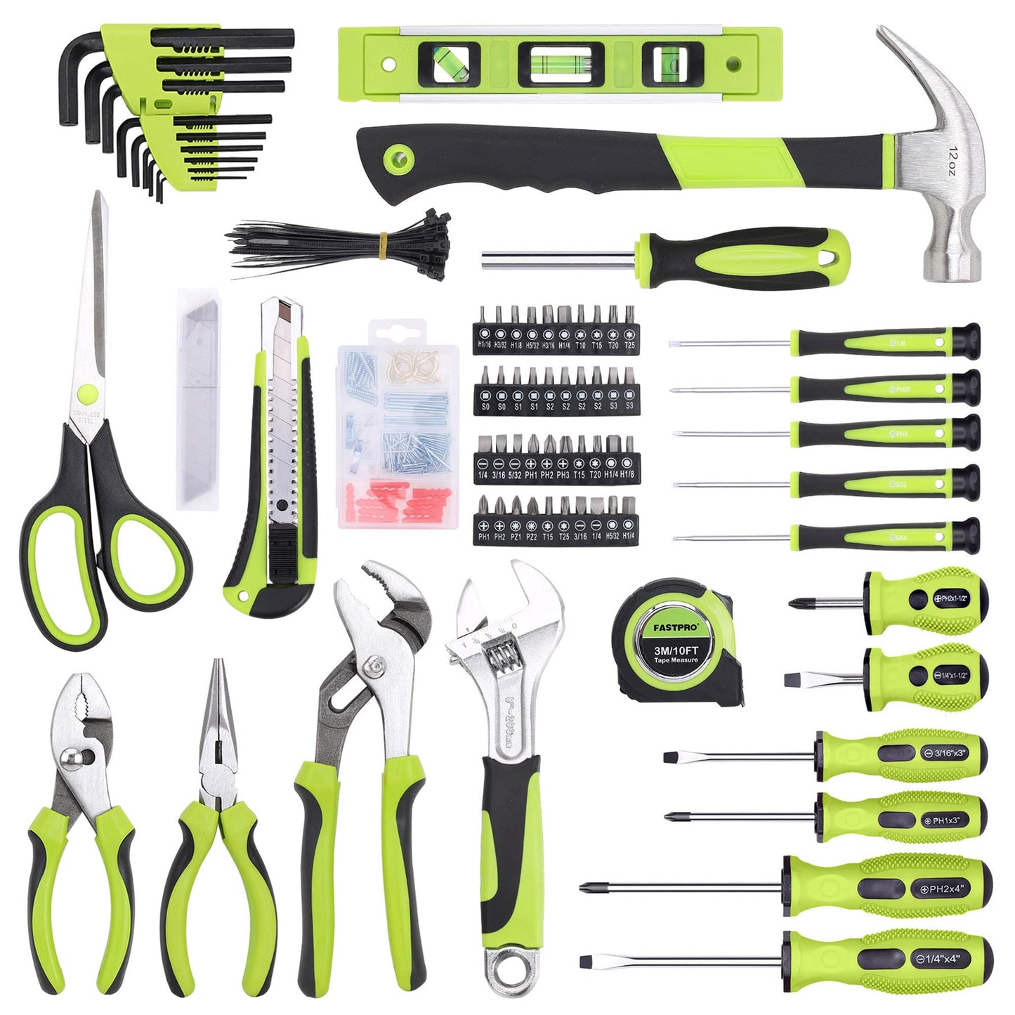 FASTPRO 220-Piece Home Tool Set, Household Repairing Tool Kit, with 12-Inch Wide Mouth Open Storage Tool Bag, Green