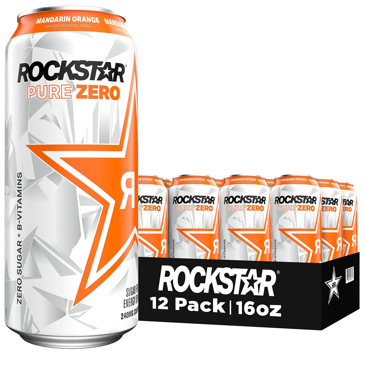 Rockstar Pure Zero Energy Drink, Orange, 0 Sugar, with Caffeine and Taurine, 16oz Cans (12 Pack) (Packaging May Vary)