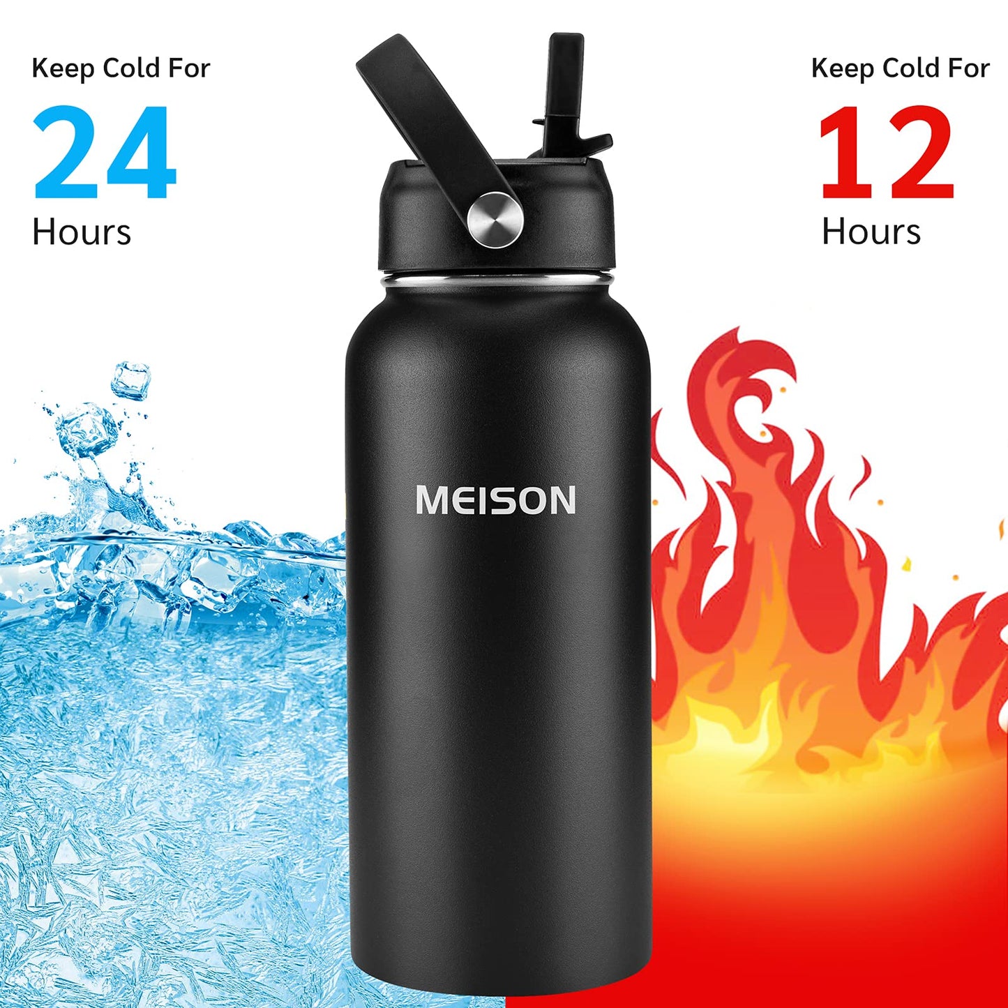 Insulated Water Bottle With Straw 32oz, Sports Water Bottle 1 Liter, Reusable Wide Mouth Vacuum 18/8 Stainless Steel Thermos Flask, Double Wall, BPA-Free (black, 32oz)