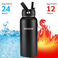 Insulated Water Bottle With Straw 32oz, Sports Water Bottle 1 Liter, Reusable Wide Mouth Vacuum 18/8 Stainless Steel Thermos Flask, Double Wall, BPA-Free (black, 32oz)