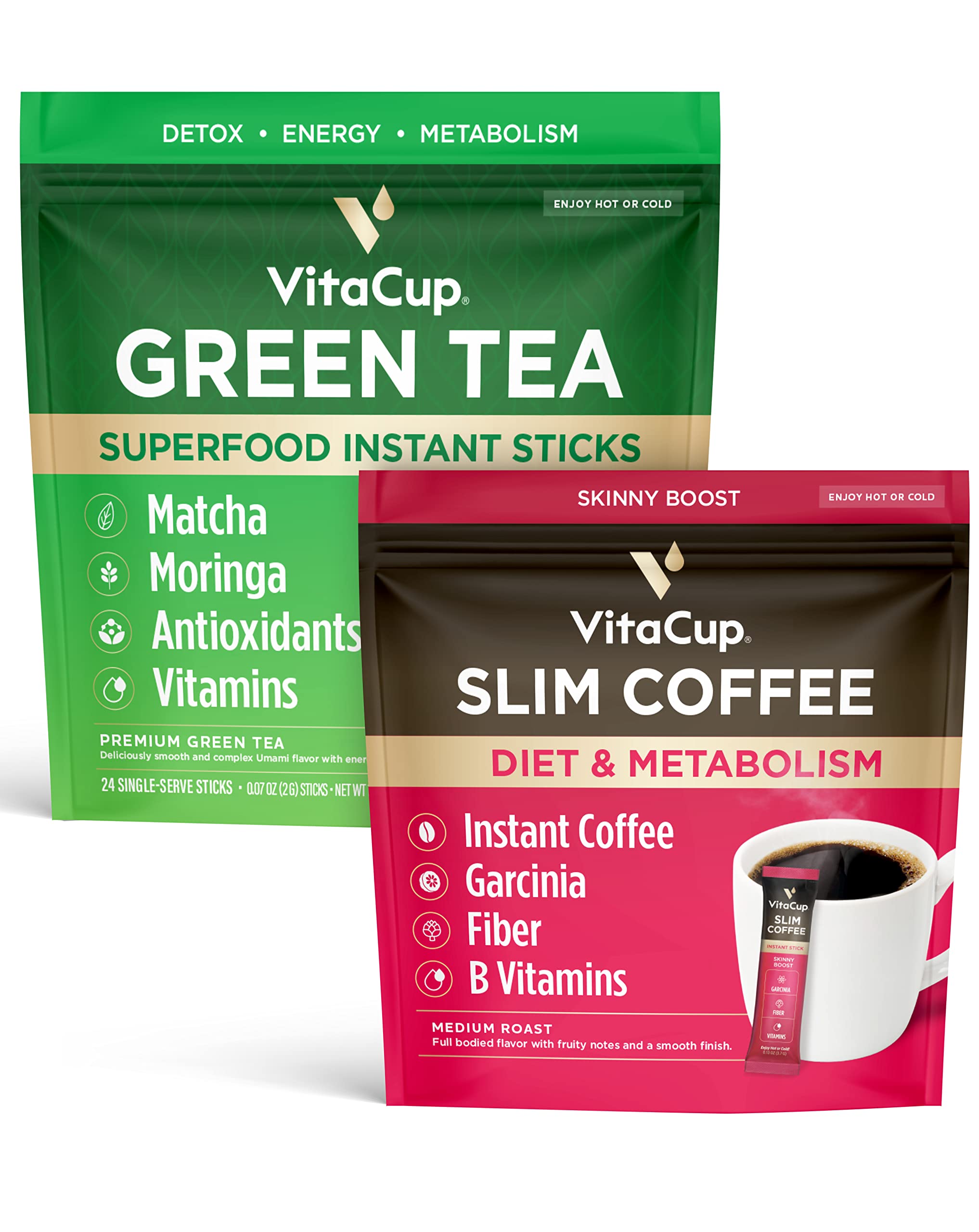 VitaCup Slim Instant Coffee Packet & Green Tea Instant Packet (48) Count Bundle for Energy, Detox, & Diet Support (2) 24 Instant Packets