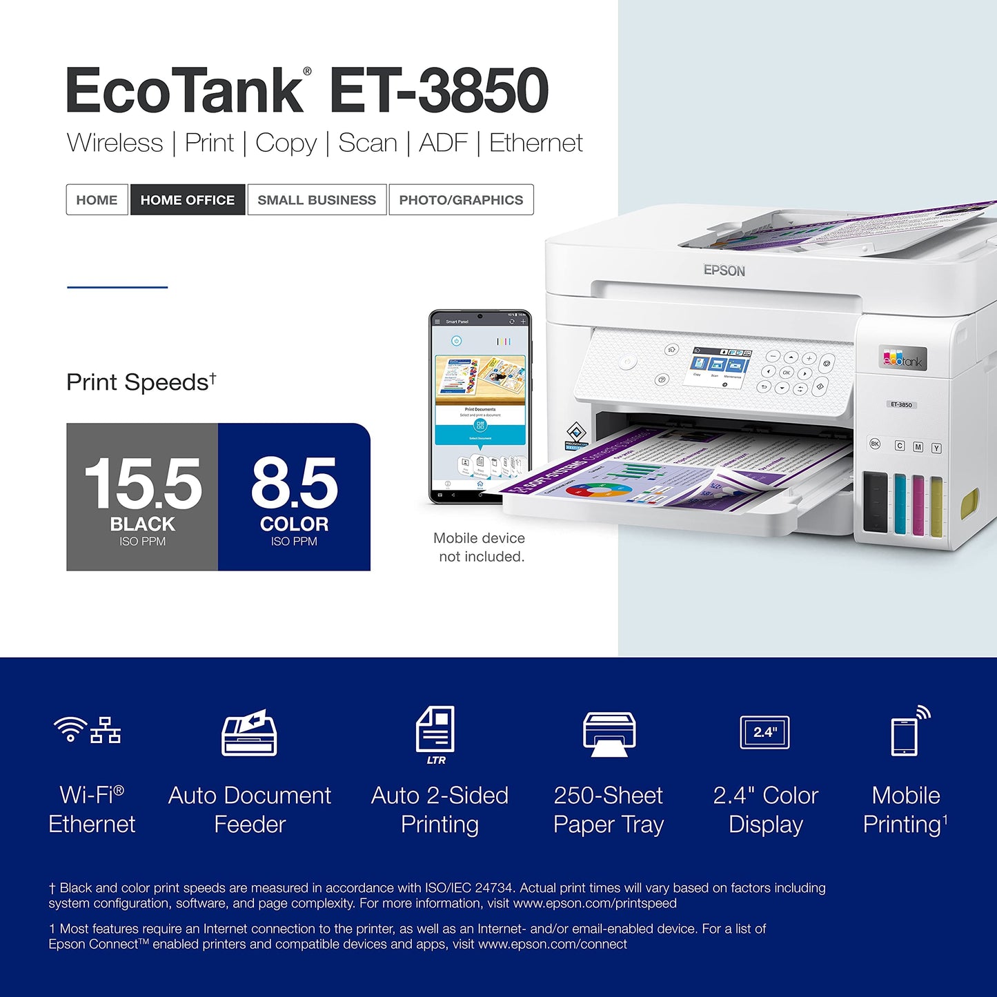 Epson EcoTank ET-3850 Wireless Color All-in-One Cartridge-Free Supertank Printer with Scanner, Copier, ADF and Ethernet – White (Refurbished)