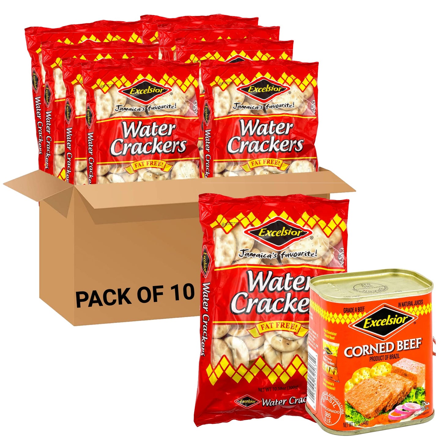 Excelsior Water Crackers, 10.58 oz (Pack of 10) + EXCELSIOR Corned Beef in Natural Juices, 12 Ounce