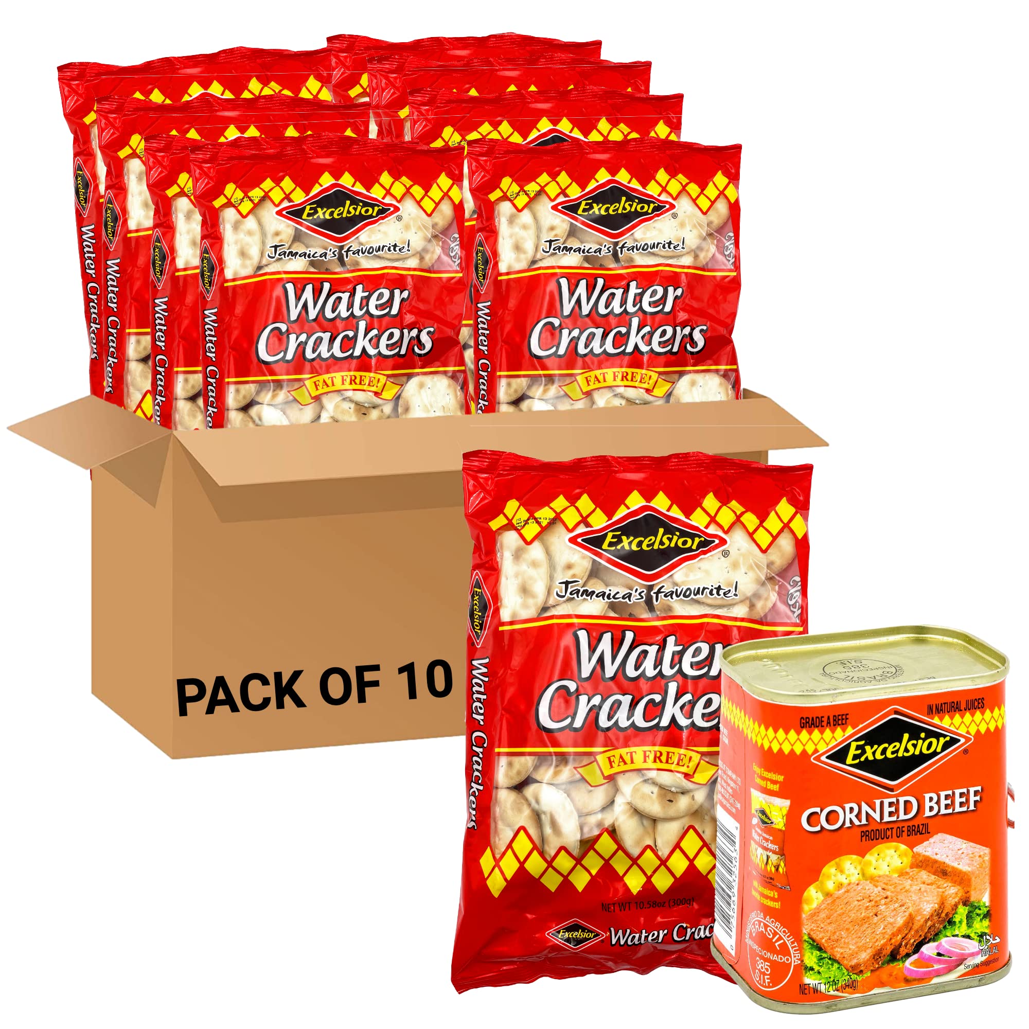 Excelsior Water Crackers, 10.58 oz (Pack of 10) + EXCELSIOR Corned Beef in Natural Juices, 12 Ounce