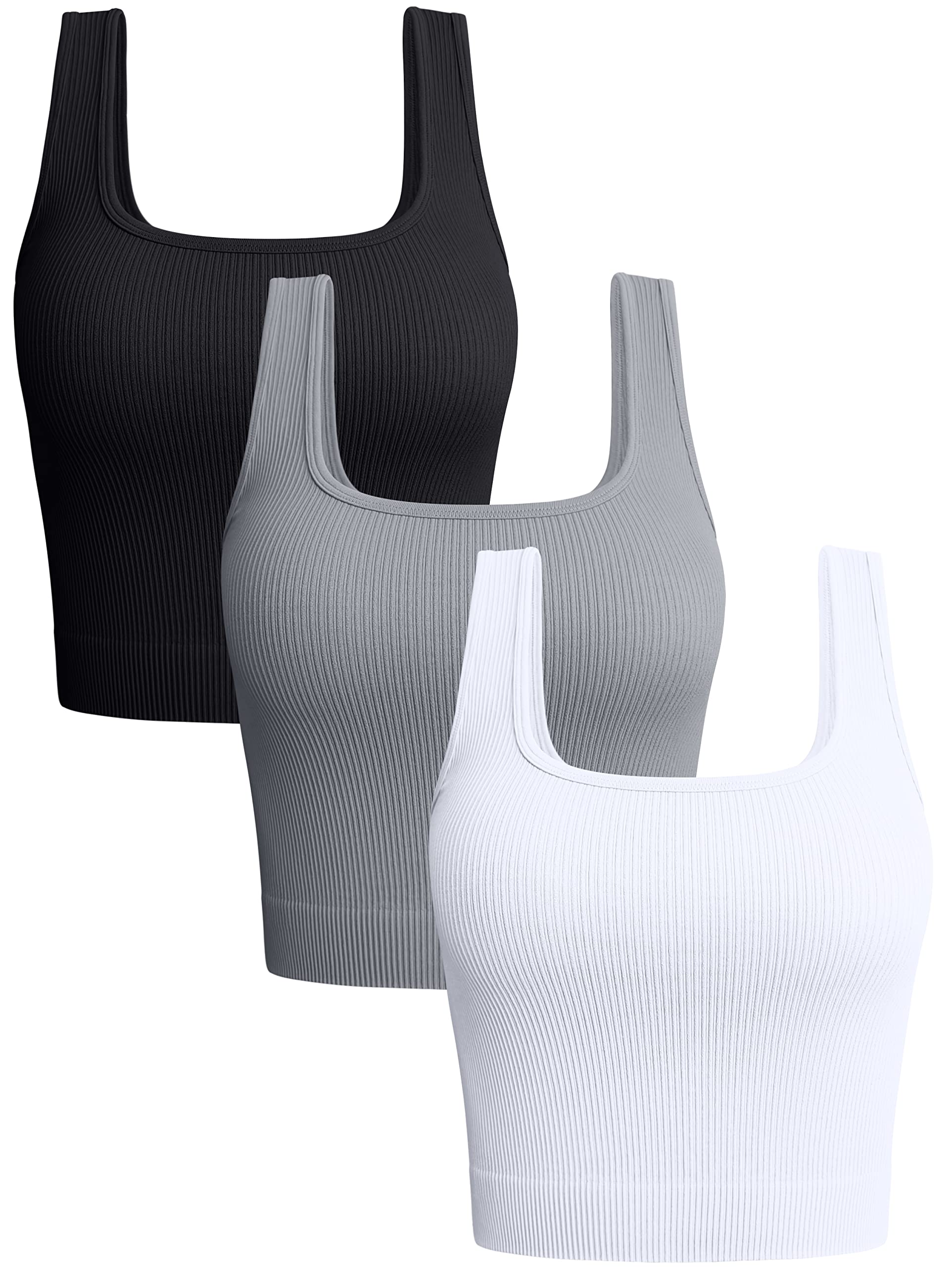 OQQ Women's 3 Piece Tank Tops Ribbed Seamless Workout Exercise Shirts Yoga Crop Tops Black Grey White