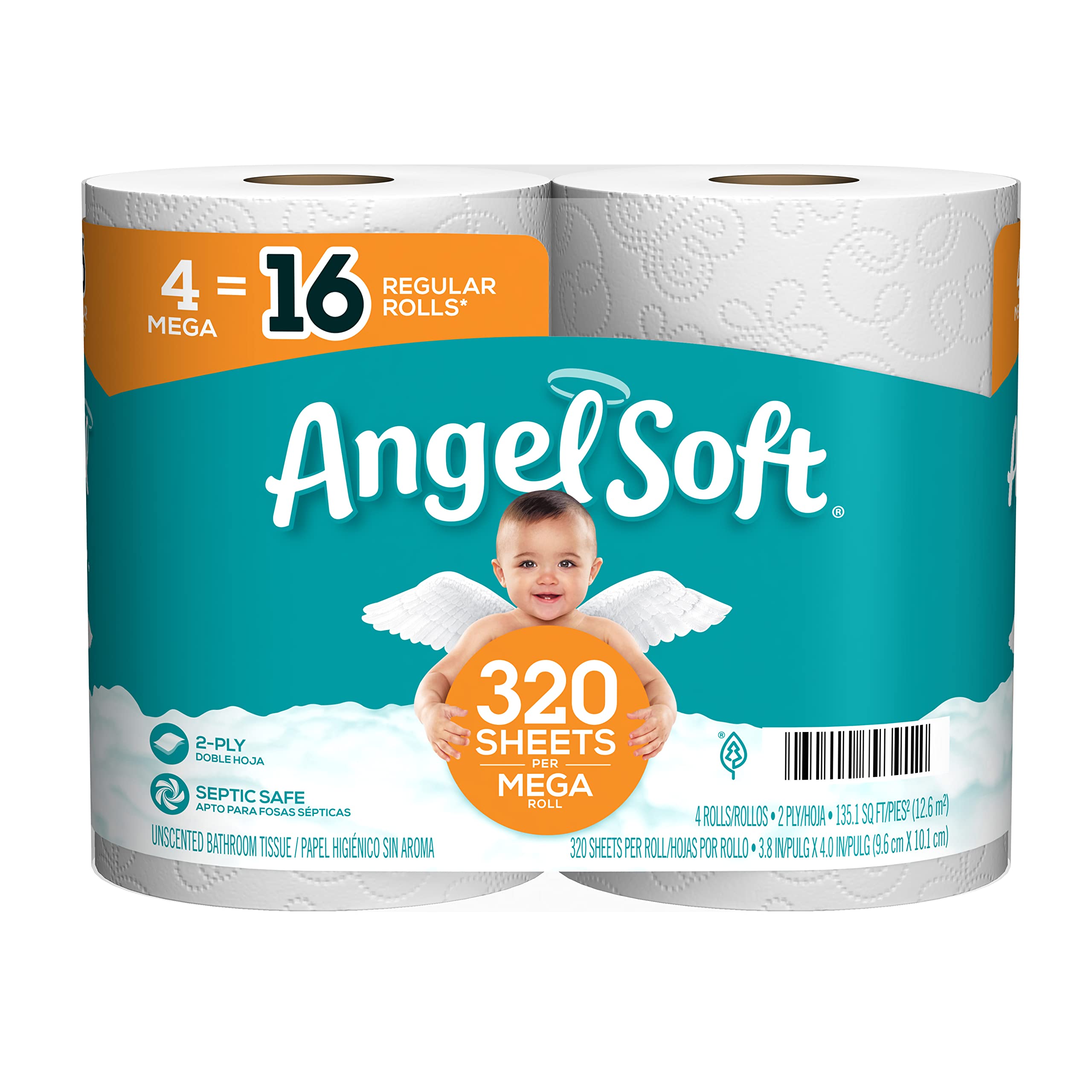 Angel Soft Sheet 45 Ft. 4 Rolls Toilet Paper Pack of 12