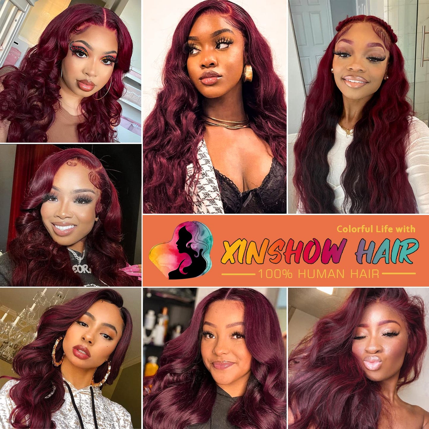 xinshow 99j Burgundy Lace Front Wigs Human Hair 13x6 HD Lace Front Wigs Human Hair 180% Density Body Wave Lace Front Wigs Human Hair Pre Plucked Bleached Knots with Baby Hair 24 Inch