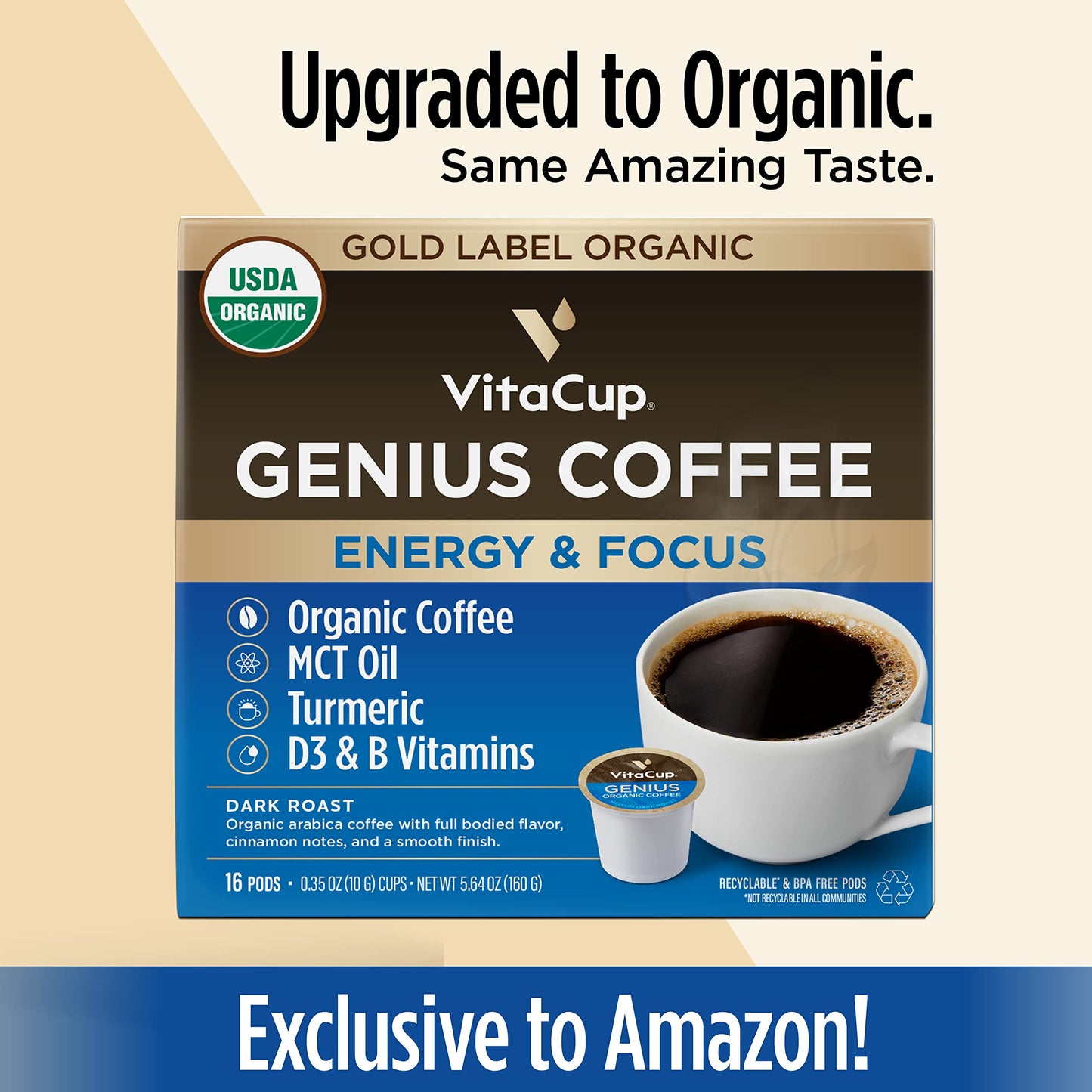 Vitacup Genius Gold & Focus Mushroom Coffee 32 Pod Bundle | Energy & Focus |Superfood & Vitamins Infused | Variety Pack of (2) 16 Count Single Serve Recyclable Pods Compatible with K-Cup Brewers