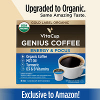 Vitacup Genius Gold & Focus Mushroom Coffee 32 Pod Bundle | Energy & Focus |Superfood & Vitamins Infused | Variety Pack of (2) 16 Count Single Serve Recyclable Pods Compatible with K-Cup Brewers