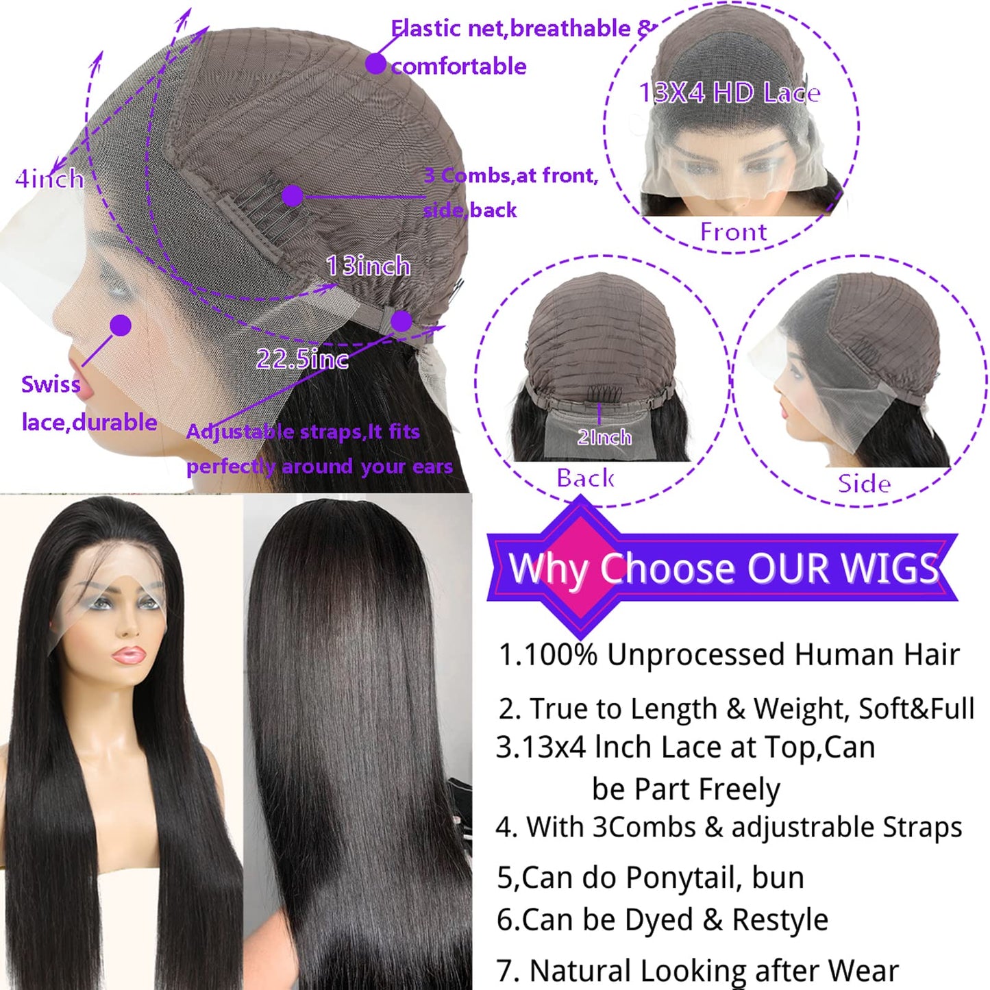 Straight Lace Front Wigs Human Hair 180% Density 13x4 HD Lace Front Wigs for Black Women 26inch Pre Plucked with Baby Hair Transparent Glueless Brazilian Straight Lace Frontal Wigs Natural HairLine