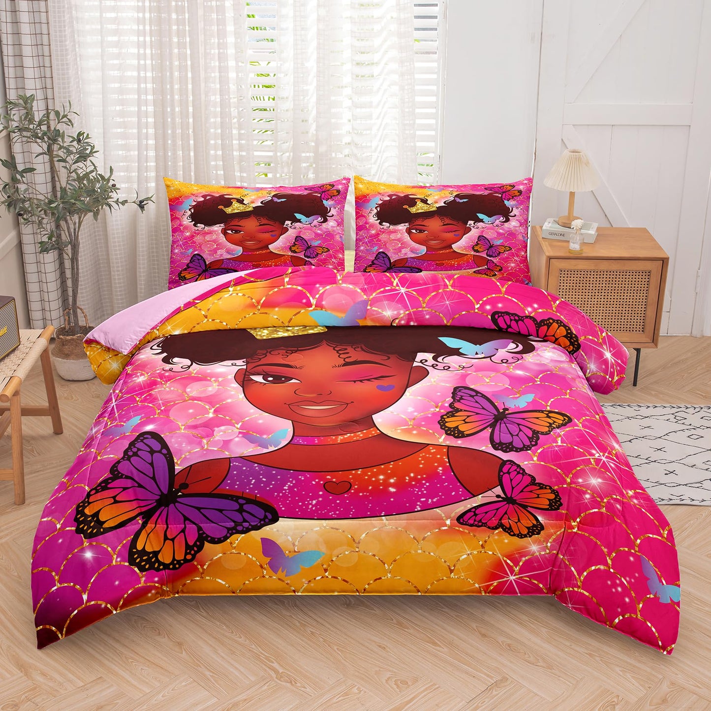Tailor Shop Kawaii African American Black Girl Comforter Set Pink and Red Bedding Sets for Girls Kids Cute Magic Black Girl Bedding Set Mermaid Butterfly Comforter Full Size with 2 Pillowcase…