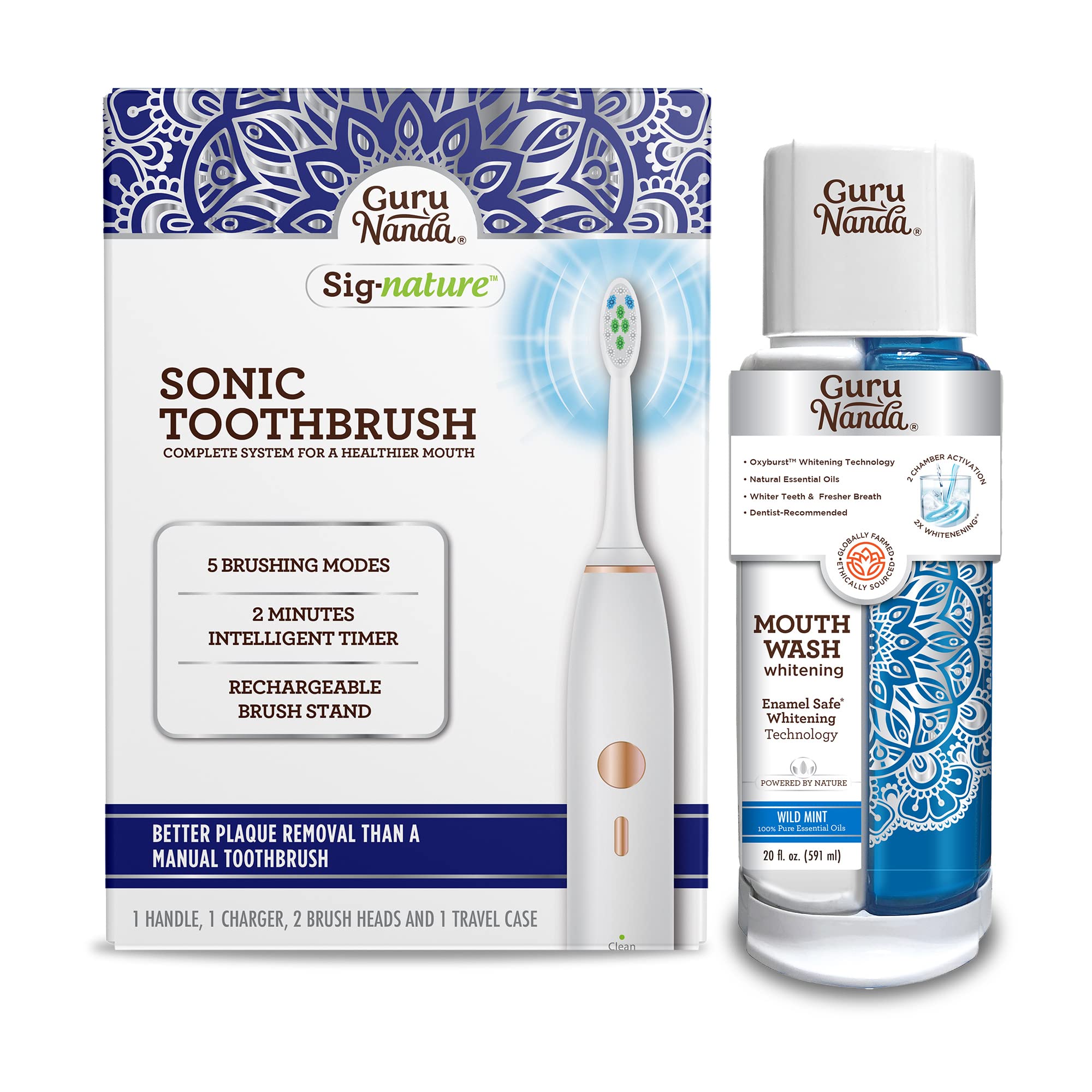GuruNanda Sonic Toothbrush with 5000 Rechargeable Electric Power, 2 Brush Heads & 1 Travel Case - Dual Barrel Oxyburst Whitening Mouthwash with Natural Essential Oils - Whiter Teeth & Fresher Breath