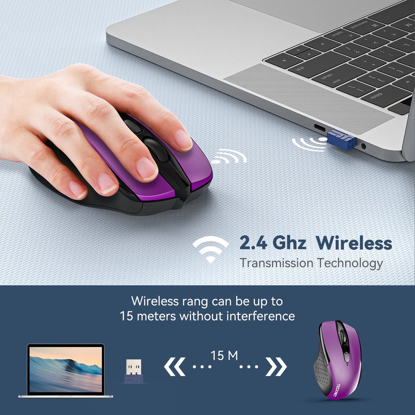 TECKNET Wireless Mouse, 2.4G Ergonomic Optical Mouse, Computer Mouse for Laptop, PC, Computer, Chromebook, Notebook, 6 Buttons, 24 Months Battery Life, 2600 DPI, 5 Adjustment Levels