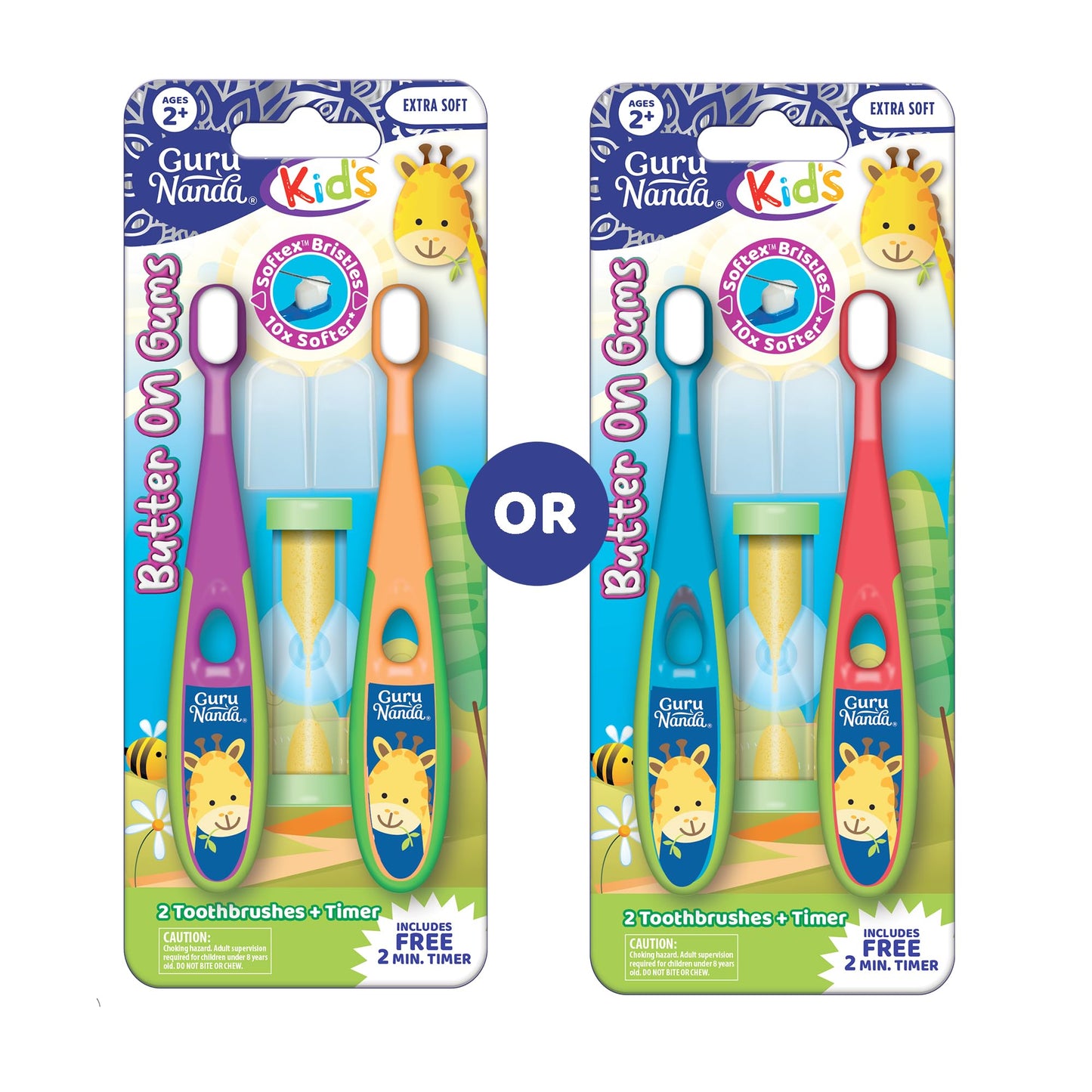 GuruNanda Butter on Gums Toddler Toothbrush with Sand Timer, Extra Soft Bristles for Kids Age 2+, Toothbrush with Tongue Cleaner & Brush Cap (2 Pack)
