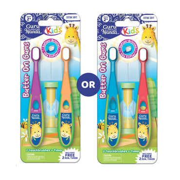 GuruNanda Butter on Gums Toddler Toothbrush with Sand Timer, Extra Soft Bristles for Kids Age 2+, Toothbrush with Tongue Cleaner & Brush Cap (2 Pack)