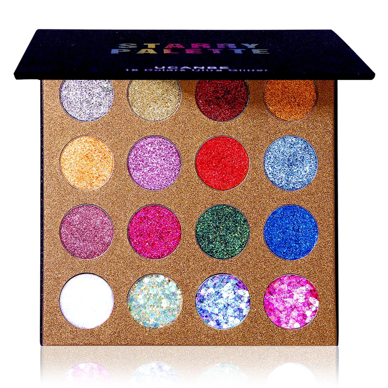 UCANBE Pro Glitter Eyeshadow Palette - Professional 16 Colors - Chunky & Fine Pressed Glitter Eye Shadow Powder Makeup Pallet Highly Pigmented Ultra Shimmer for Face Body