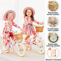 Petimini 14 Inch Little Kids Bike for Age 3 4 5 Years Old Girls Retro Vintage Style Bicycles with Basket Training Wheels and Bell, Pink