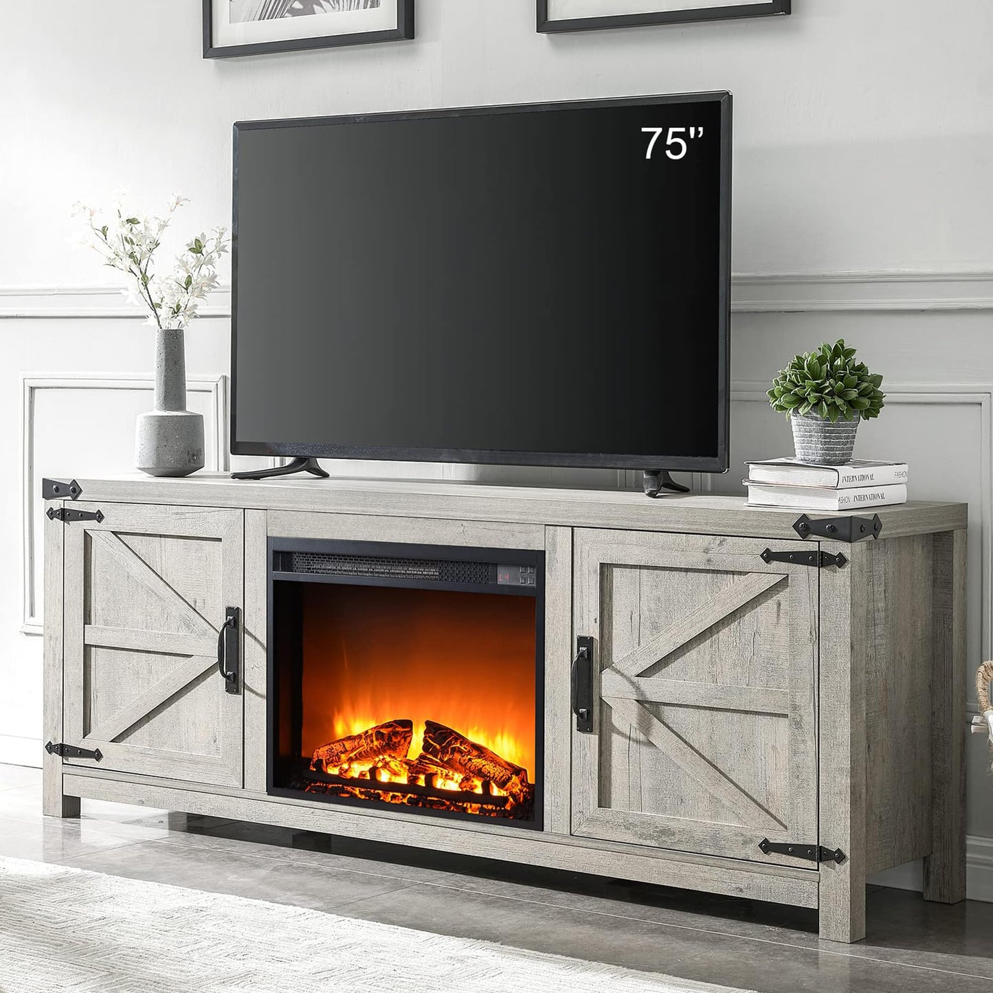 T4TREAM Fireplace TV Stand for 75 Inch TV, Farmhouse Barn Door Media Console, Entertainment Center with 23" Electric Fireplace Remote Control,for Living Room, 66 Inch, Light Rustic Oak