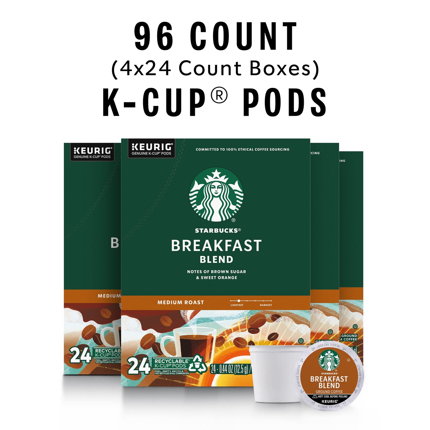 Starbucks K-Cup Coffee Pods—Medium Roast Coffee—Breakfast Blend—100% Arabica—4 boxes (96 pods total)
