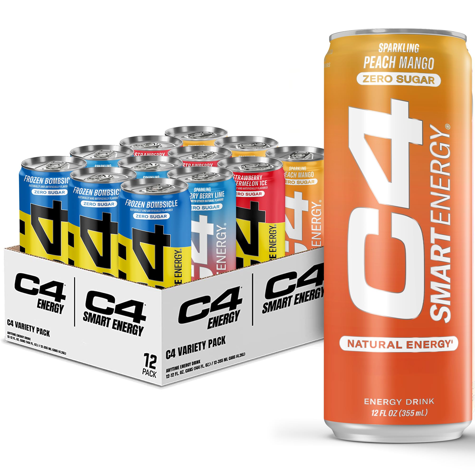 C4 Energy & Smart Energy Drinks Variety Pack, Sugar Free Pre Workout Performance Drink With No Artificial Colors or Dyes, Zero Calorie, Coffee Substitute or Alternative, 4 Flavor Variety 12 Pack