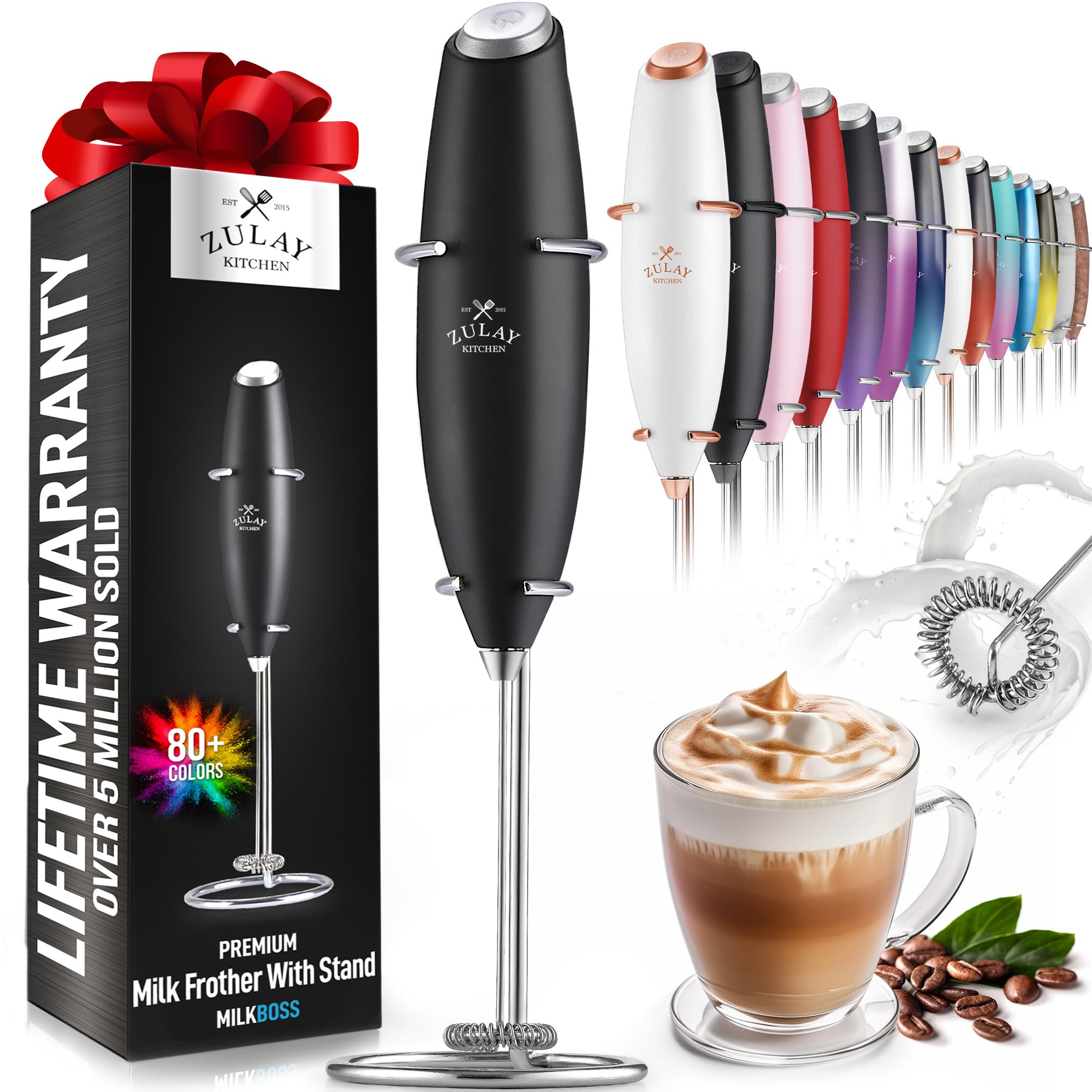 Zulay Kitchen Powerful Milk Frother Handheld Foam Maker for Lattes - Whisk Drink Mixer for Coffee, Mini Foamer for Cappuccino, Frappe, Matcha, Hot Chocolate by Milk Boss (Black)