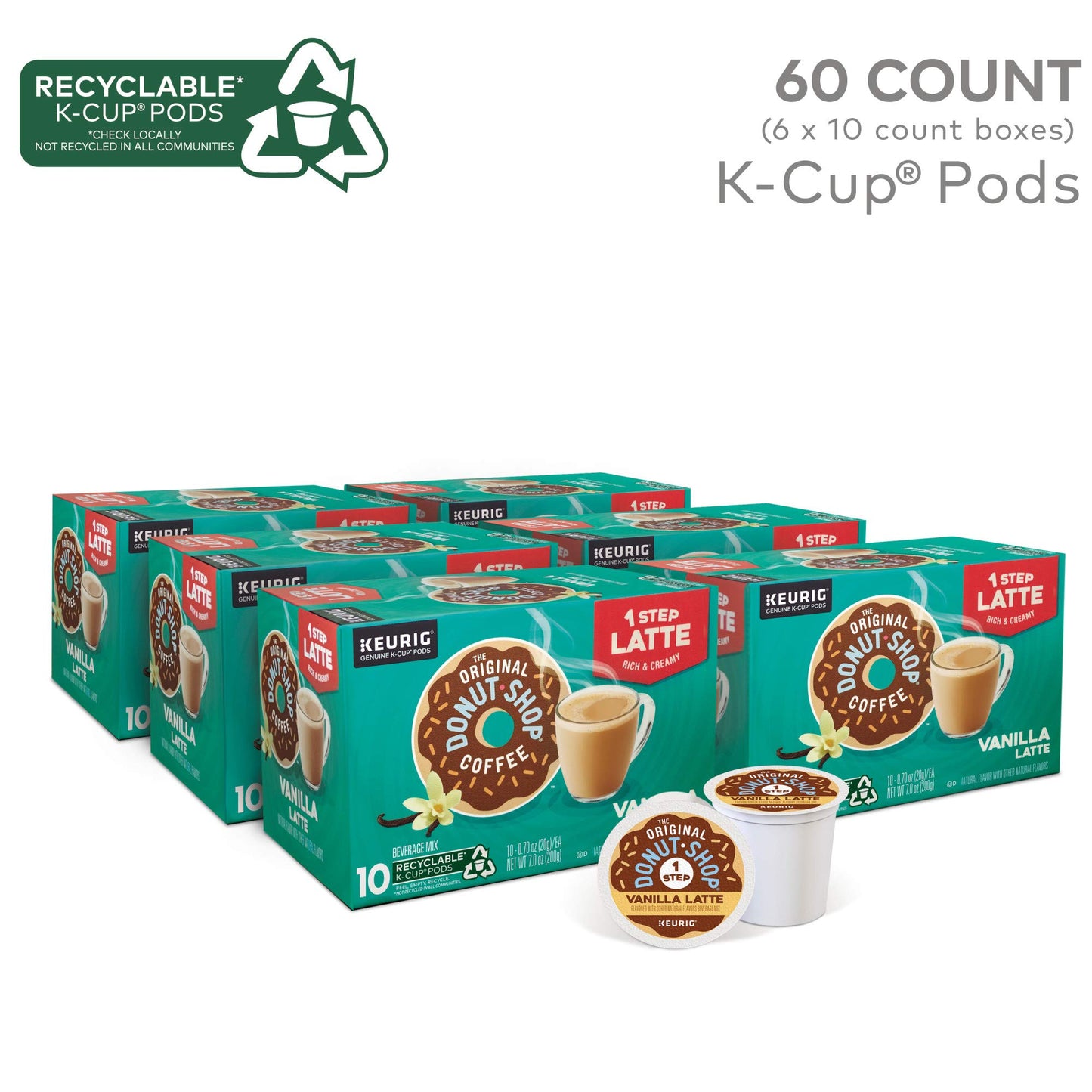 The Original Donut Shop Vanilla Latte, Single Serve Coffee K-Cup Pod, Flavored Coffee, 60 Count (6 Packs of 10)