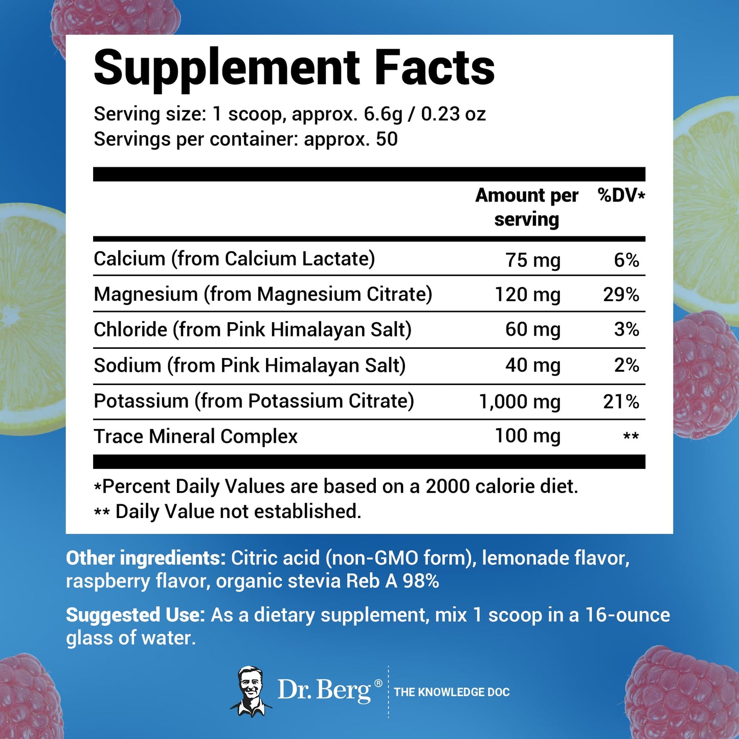 Dr. Berg Hydration Keto Electrolyte Powder - Enhanced w/ 1,000mg of Potassium & Real Pink Himalayan Salt (NOT Table Salt) - Raspberry & Lemon Flavor Hydration Drink Mix Supplement - 50 Servings