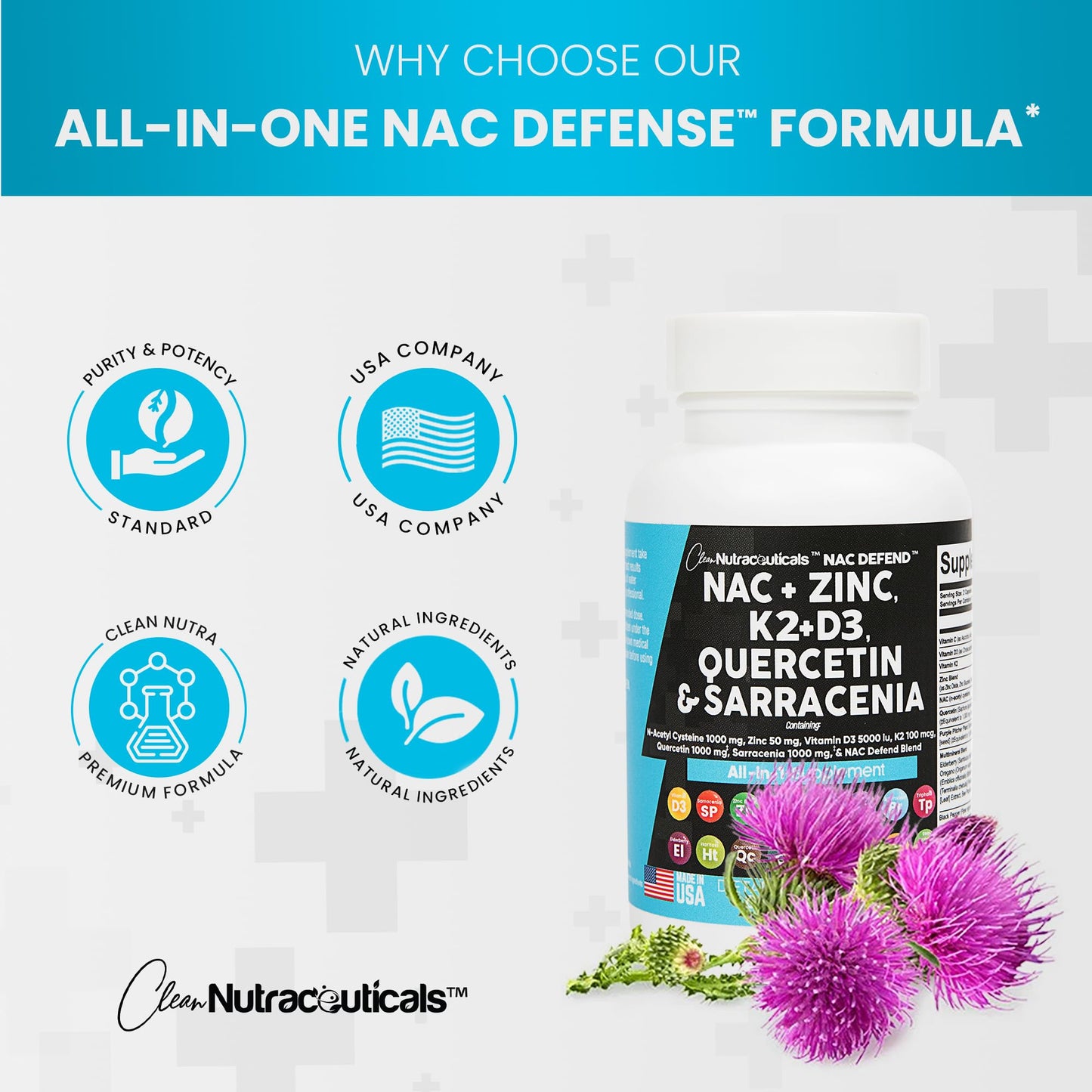 NAC Supplement N-Acetyl Cysteine 1000mg Vitamin D3 K2 Zinc Quercetin 1000mg Sarracenia Purpurea 1000mg with Elderberry Holy Basil Bee Propolis Bromelain L-Lysine Made in USA - 60 Count