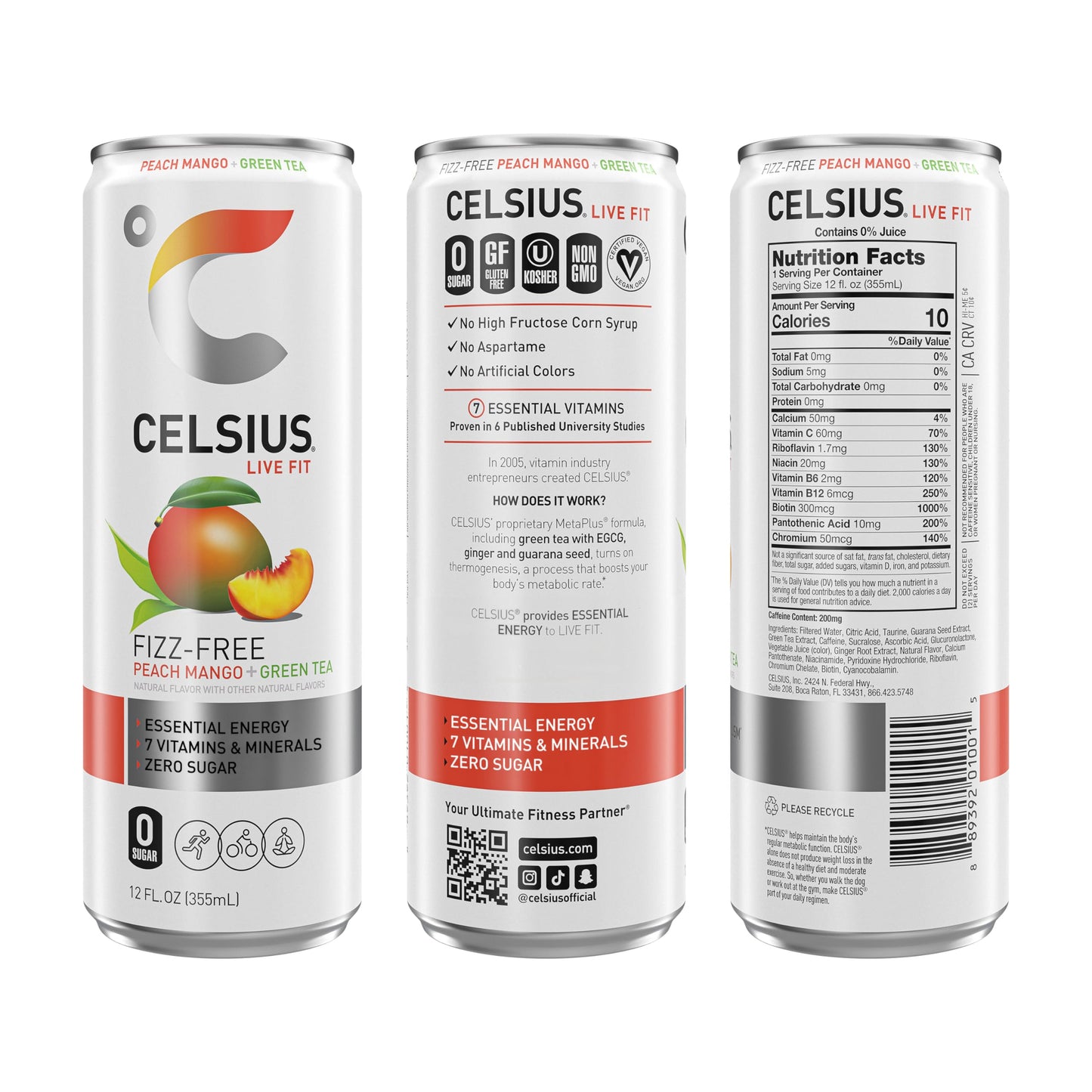 CELSIUS Peach Mango Green Tea, Functional Essential Energy Drink 12 Fl Oz (Pack of 12)