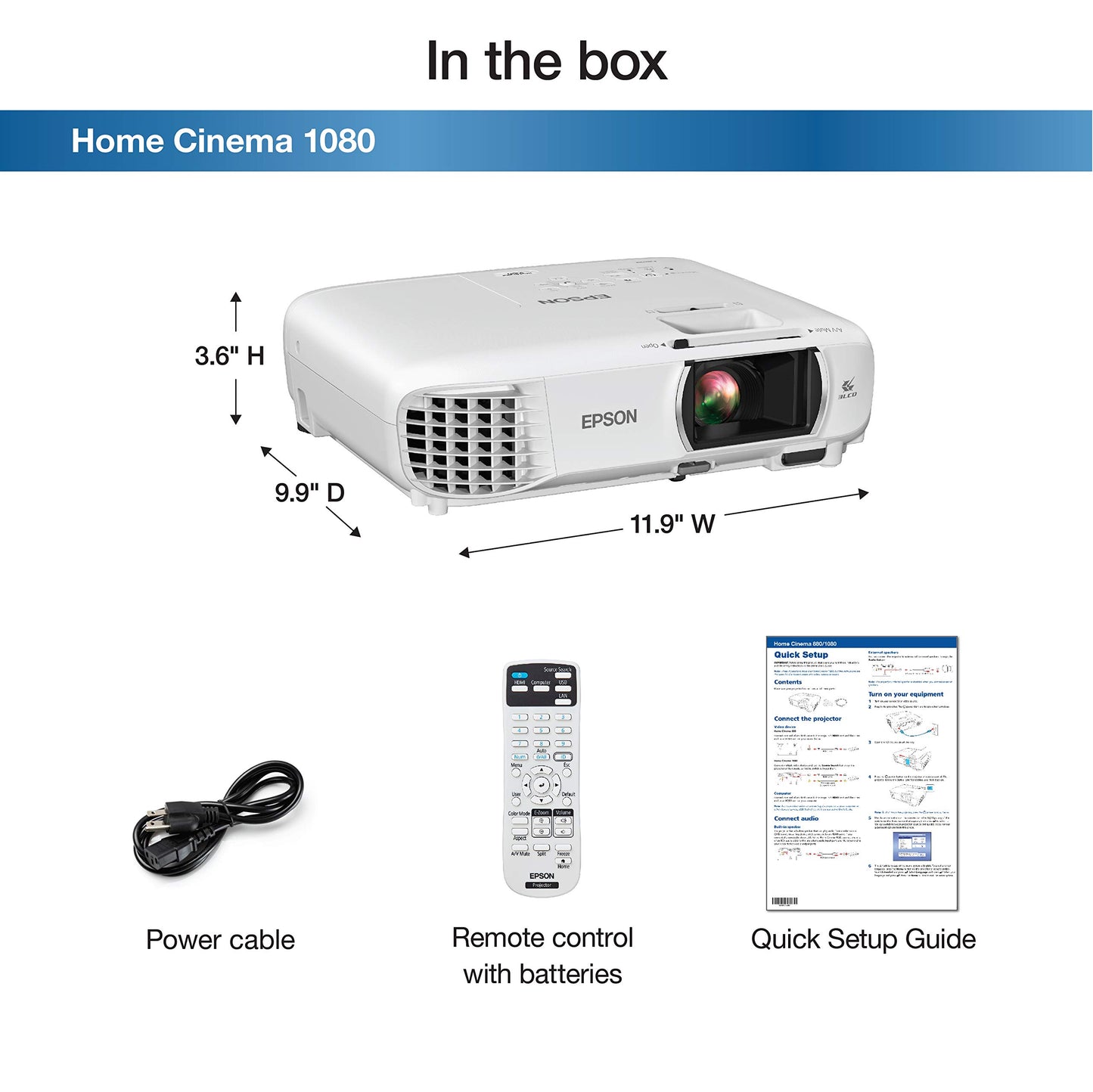 Epson Home Cinema 1080 3-chip 3LCD 1080p Projector, 3400 lumens Color & White Brightness, Streaming/Gaming/Home Theater, Built-in Speaker, Auto Picture Skew, 16,000:1 Contrast, Dual HDMI-White, Medium