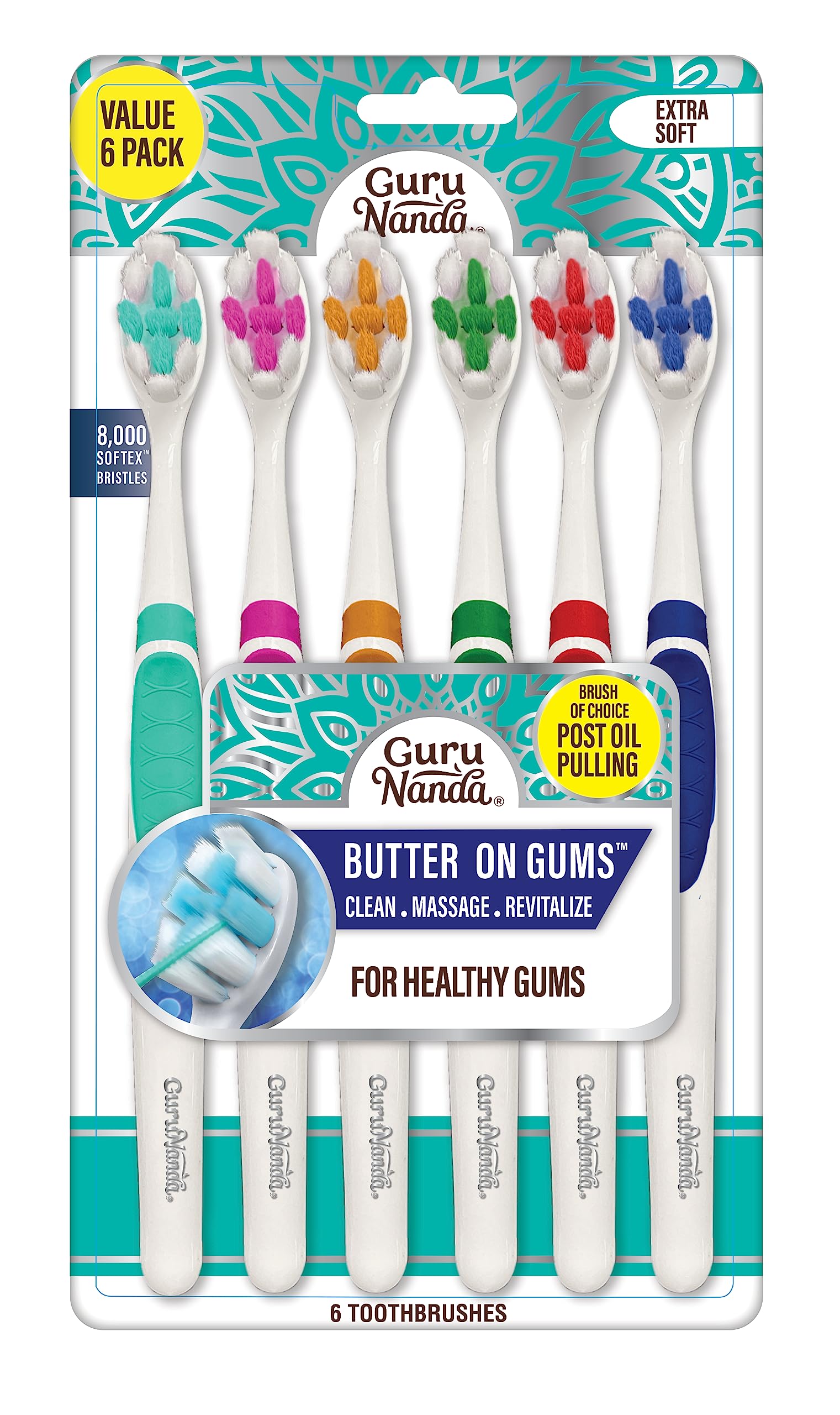 GuruNanda Butter On Gums Toothbrush with 8000+ Softex Bristles, Ultra Soft Bristles for Sensitive & Receeding Gums, Perfect for Whiter Teeth, 6 Count