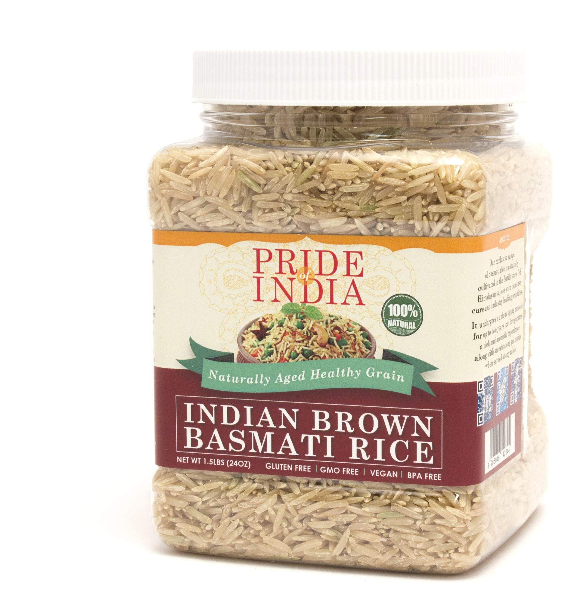 Pride Of India - Extra Long Brown Basmati Rice - Naturally Aged Healthy Grain, 1.5 Pound Jar