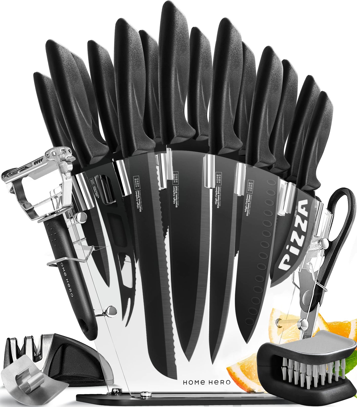 Home Hero 20 Pcs Kitchen Knife Set, Chef Knife Set & Steak Knives - Professional Design Collection - Razor-Sharp High Carbon Stainless Steel Knives with Ergonomic Handles (20 Pcs - Black)