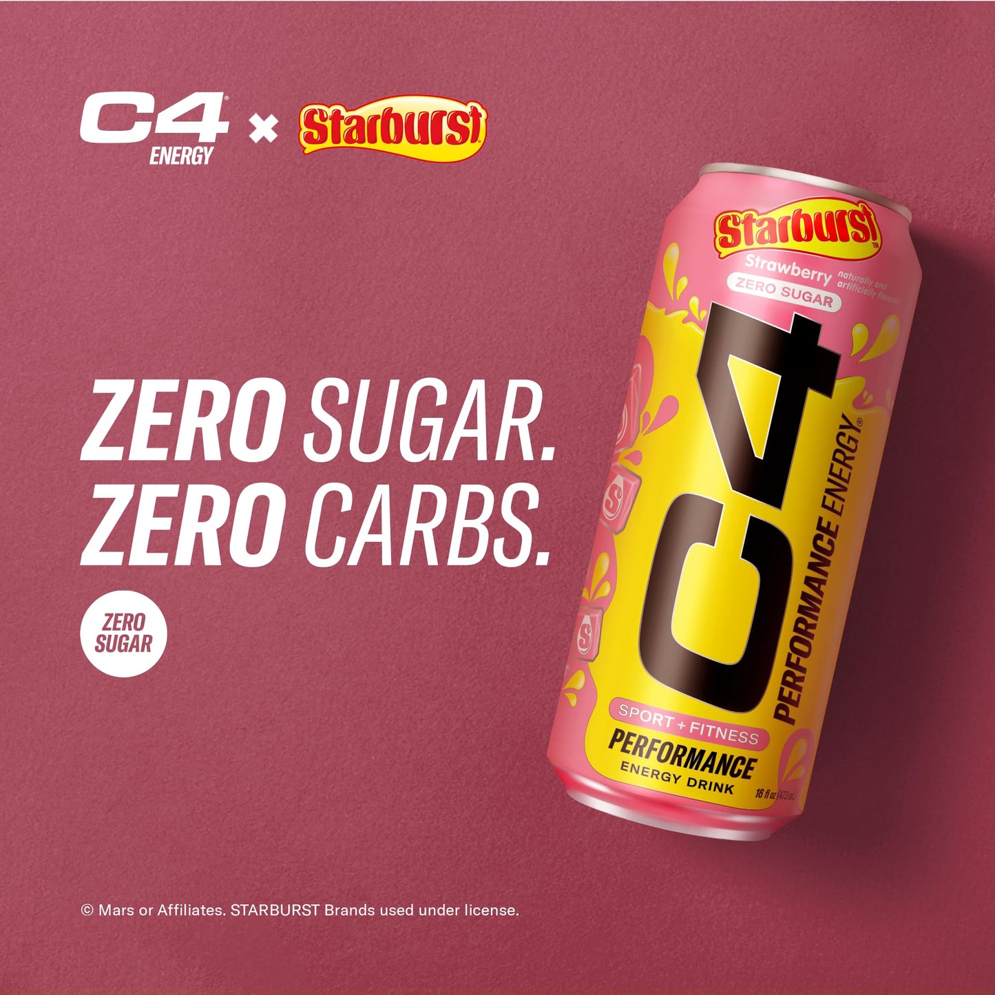 Cellucor C4 Energy Drink, STARBURST Strawberry, Carbonated Sugar Free Pre Workout Performance Drink with no Artificial Colors or Dyes, Pack of 12