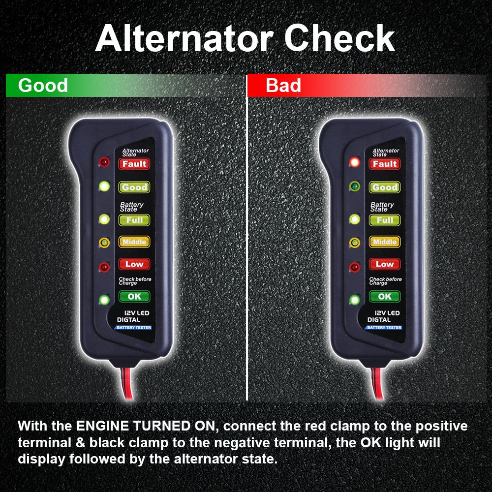 CARTMAN 12V Car Battery Alternator Tester, Test Battery Condition & Alternator Charging, LED Indication