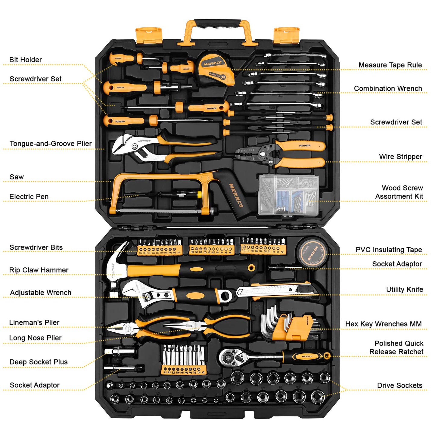 DEKOPRO 198 Piece Home Repair Tool Kit, Wrench Plastic Toolbox with General Household Hand Tool Set