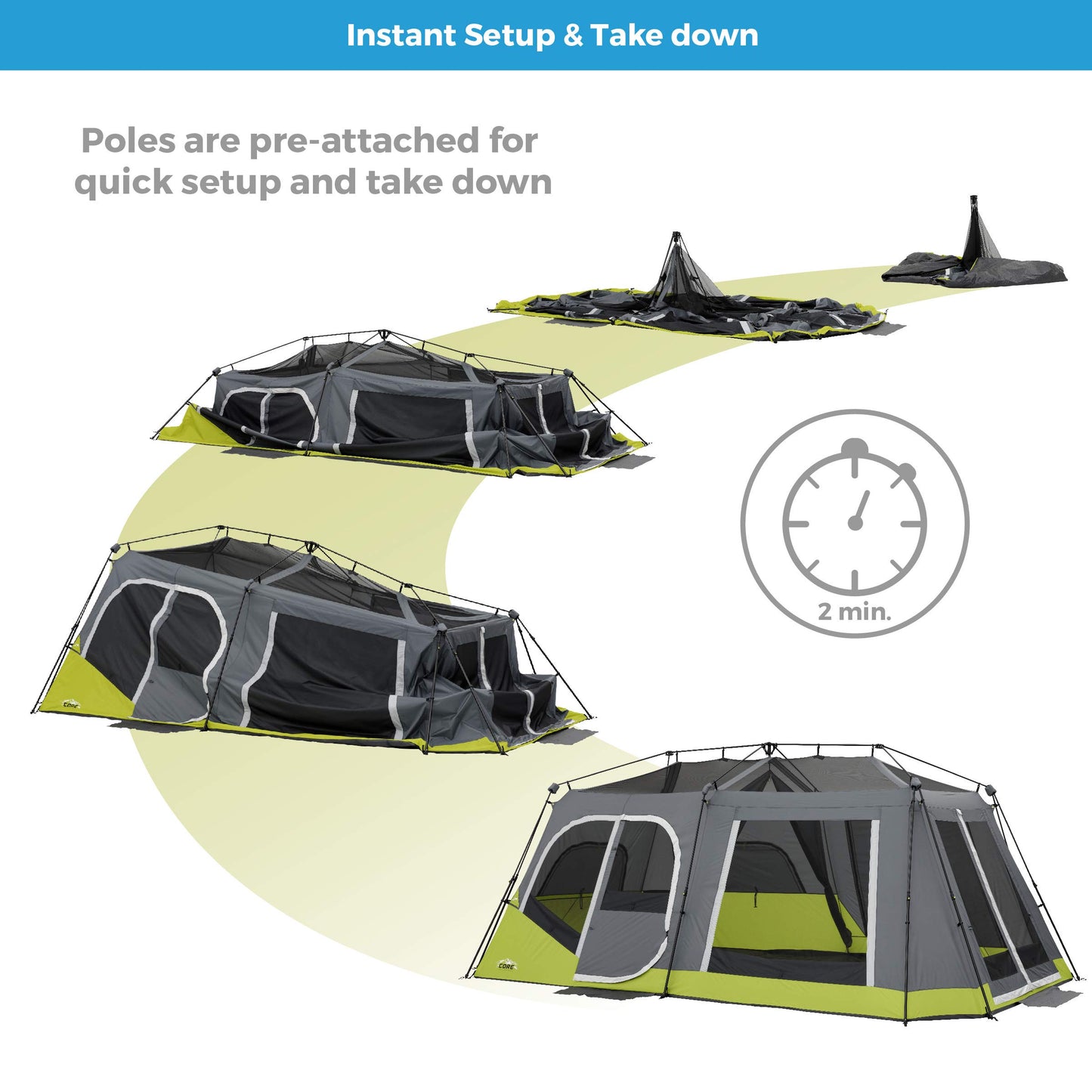CORE 12 Person Instant Cabin Tent | 3 Room Tent for Family with Storage Pockets for Camping Accessories | Portable Large Pop Up Tent for 2 Minute Camp Setup