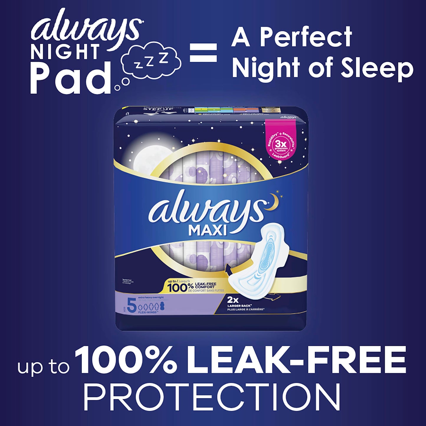 Always Maxi Overnight Pads with Wings, Size 5, Extra Heavy Overnight, Unscented, 72 Count
