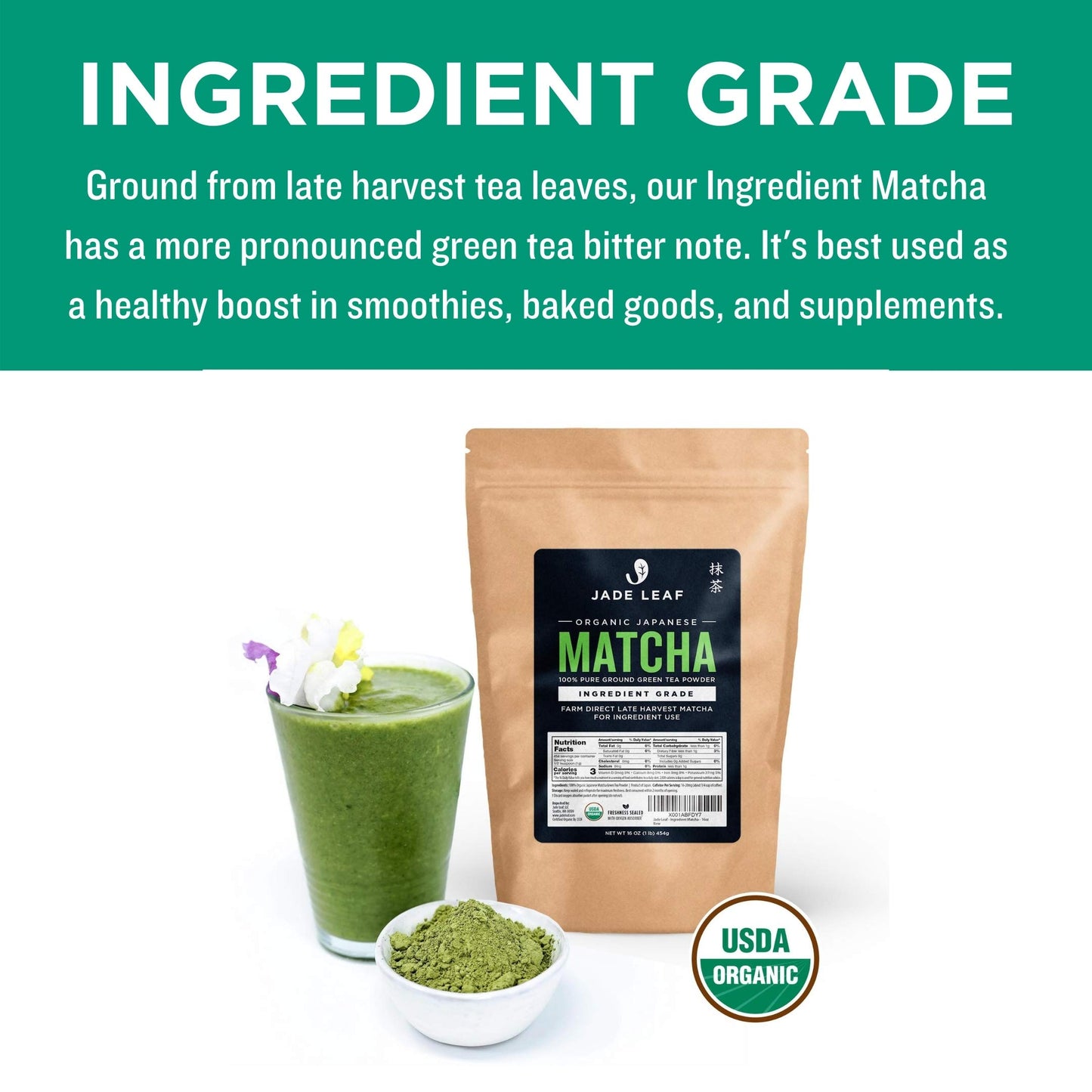 Jade Leaf - Organic Japanese Matcha Green Tea Powder, Ingredient Grade (1 Pound)