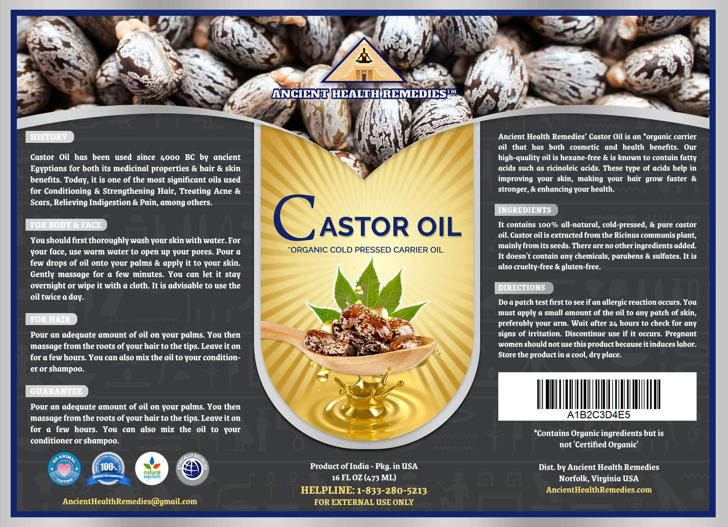 Ancient Health Remedies Organic Castor Oil - Cold Pressed, Unrefined, Pure Carrier Oil for Hair Growth, Skin Moisturizing & Softening (16 oz)