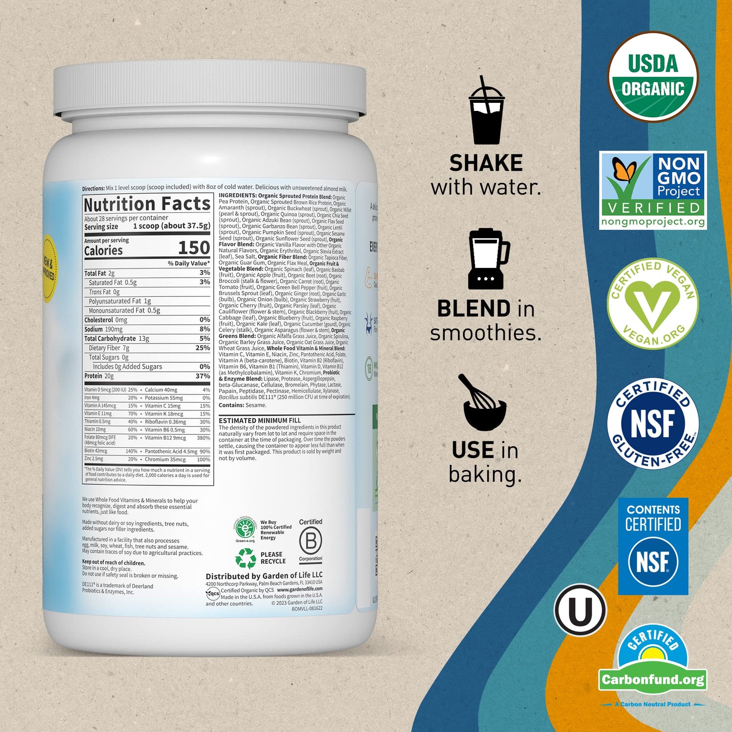 Garden of Life Vegan Protein Powder - Raw Organic Meal Replacement Shakes - Vanilla - Pea Protein, Greens and Probiotics for Women and Men, Plant Based Dairy Free All in One Shake, 28 Servings