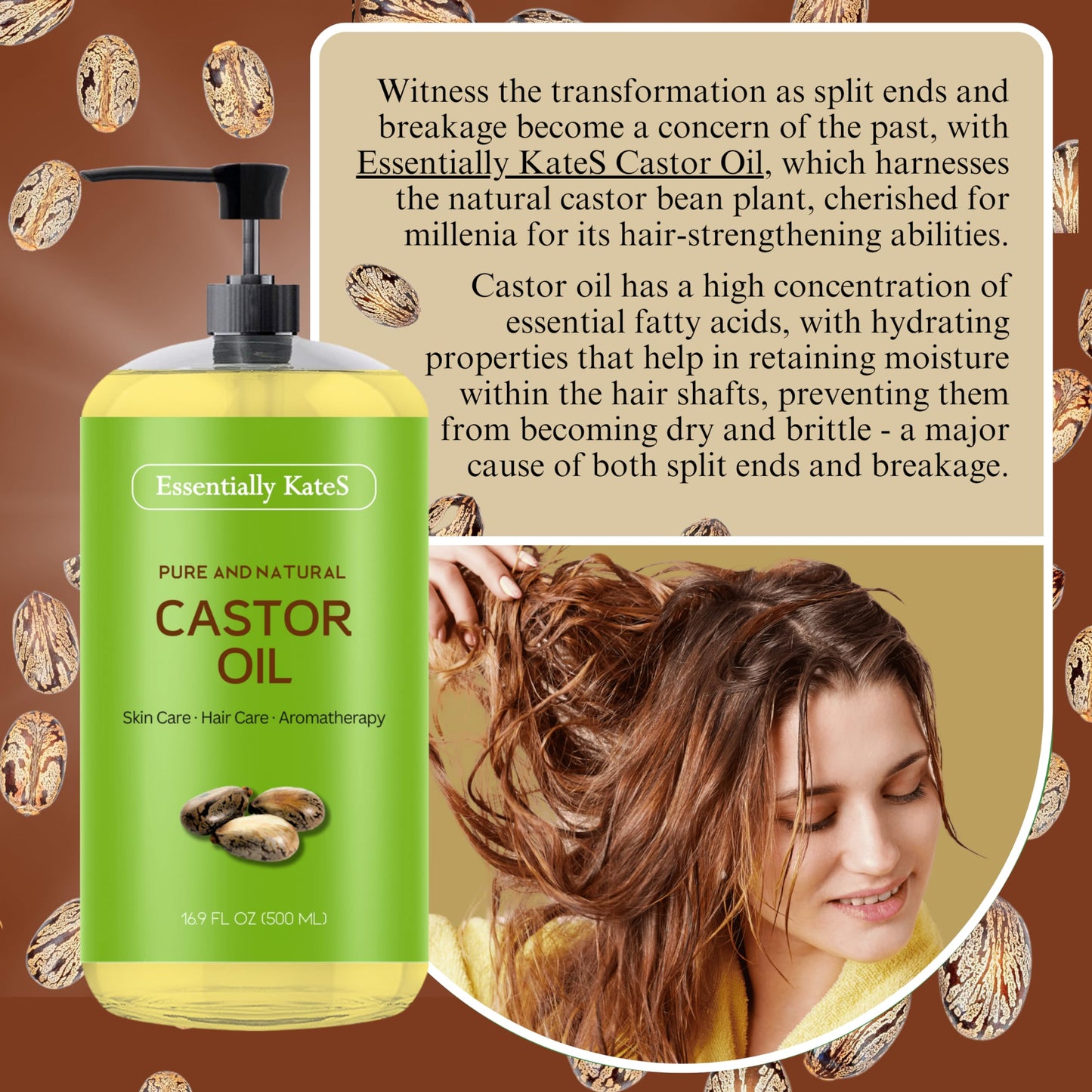 Essentially KateS Castor Oil 16.9 Fl Oz - 100% Pure and Natural, Cold Pressed, and Hexane-Free. Enhance your healthy hair growth, scalp and lashes.