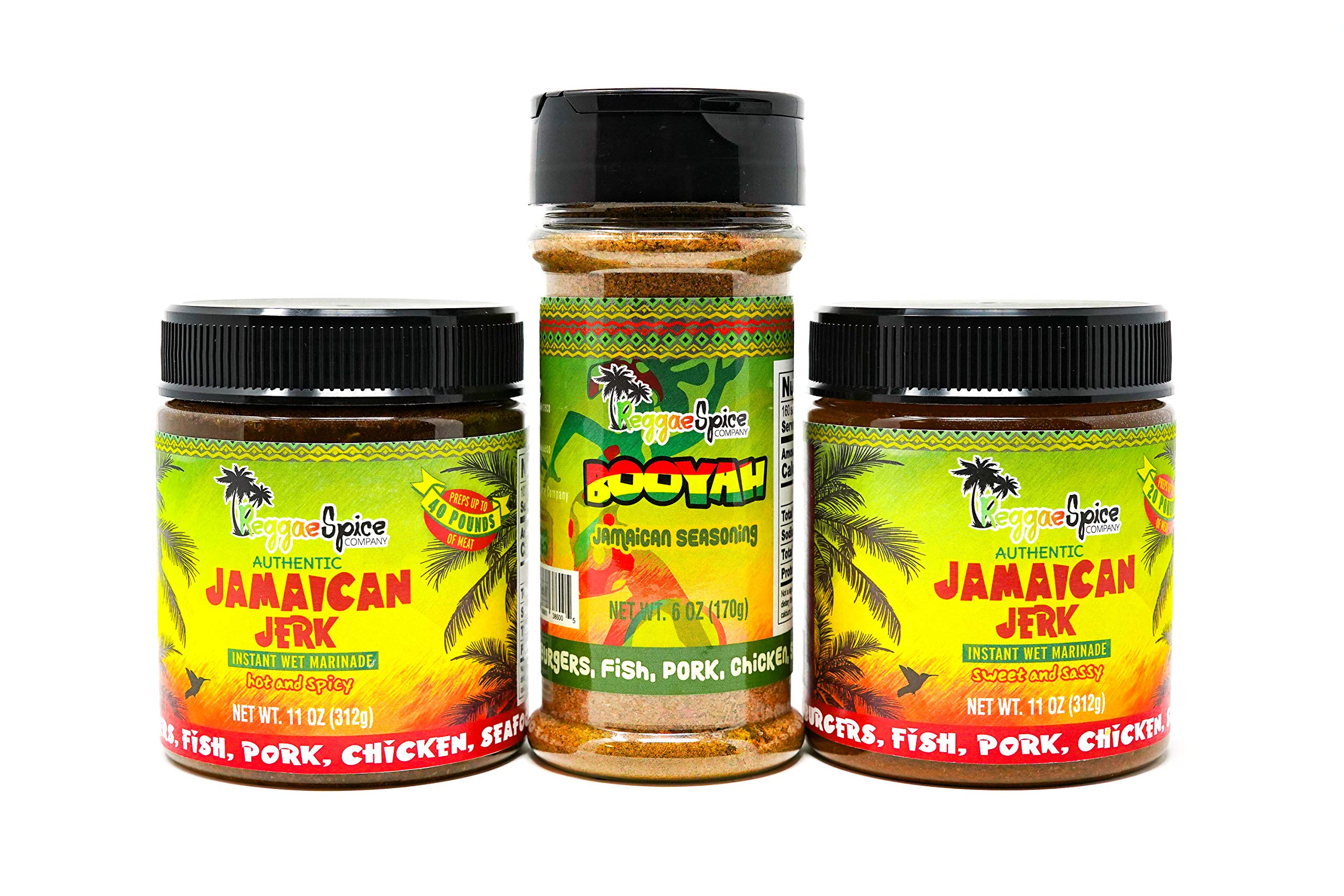 REGGAE SPICE Jamaican Jerk Seasoning Authentic Wet Rub Marinade Sauce - Perfect for Beef, Pork, Chicken, Seafood, and Vegetables - 3 pack: 1 Spicy Wet Rub, 1 Sweet Wet Rub, and 1 Dry Booyah Seasoning