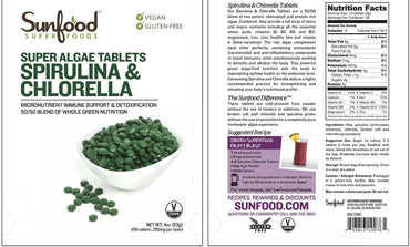 Sunfood Premium Spirulina Chlorella Tablets | 456 Tablets, 4oz Bag | 50/50 Blend | Broken Cell Wall, Rich in Natural Vegan Protein & Chlorophyll