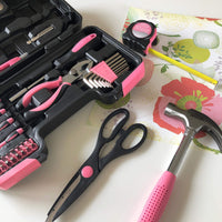 Apollo Tools Original 39 Piece General Household Tool Set in Toolbox Storage Case with Essential Hand Tools for Everyday Home Repairs, DIY and Crafts - Pink Ribbon - Pink - DT9706P