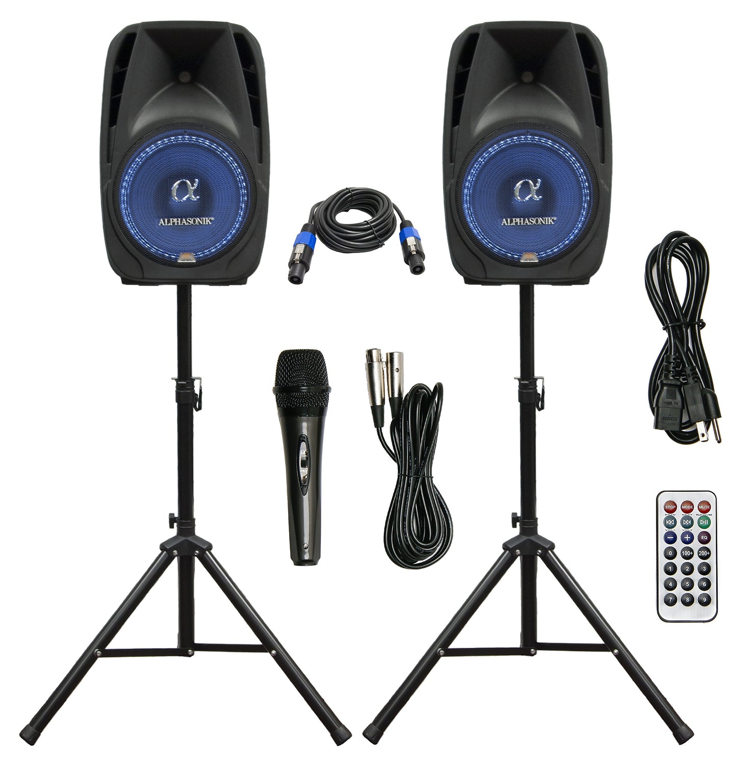 Pair Alphasonik All-in-one 15" Powered 2500W PRO DJ Amplified Loud Speakers Tripod Stands Cable and Microphone