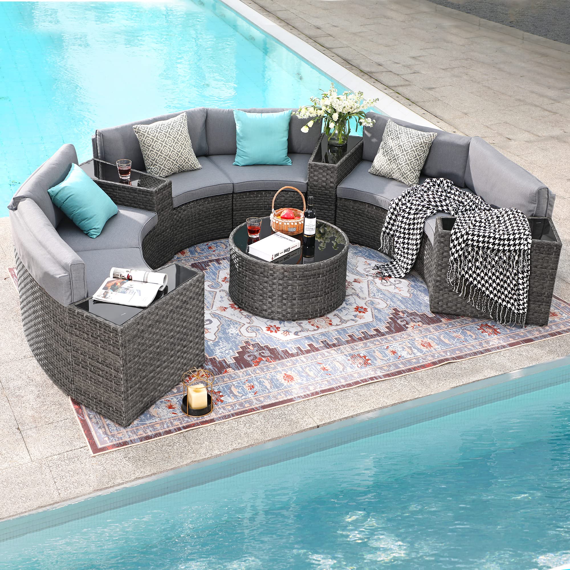 SUNSITT Outdoor Patio Furniture 11-Piece Half-Moon Sectional Round Set Curved Sofa with Tempered Glass Coffee Table, 4 Pillows, Grey Rattan