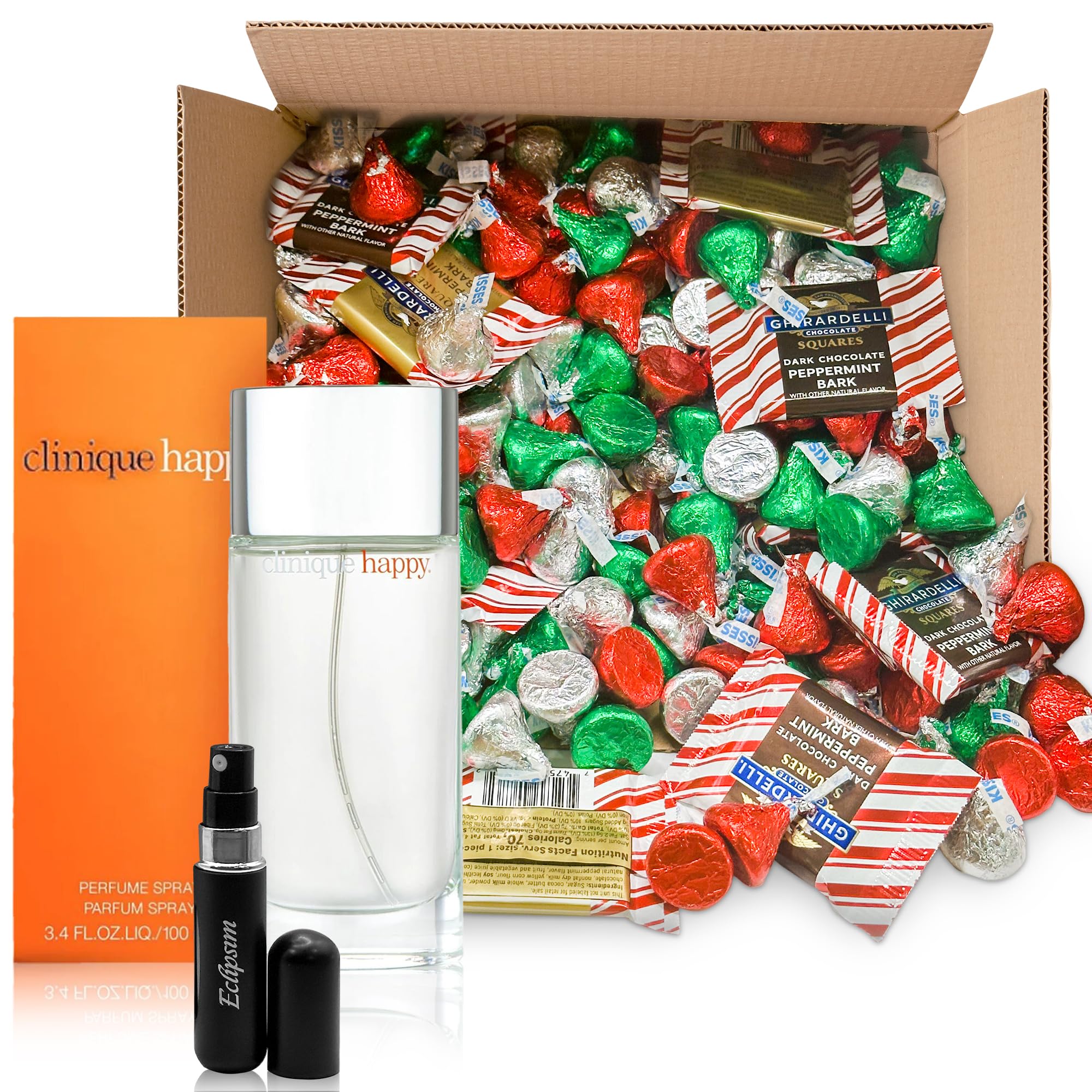 Clinique Happy Perfume For Women 3.4 oz With 1.5 lbs of Hershey’s Christmas Kisses and Chocolate Squares Peppermint Bark. Empty Travel Perfume Atomizer included